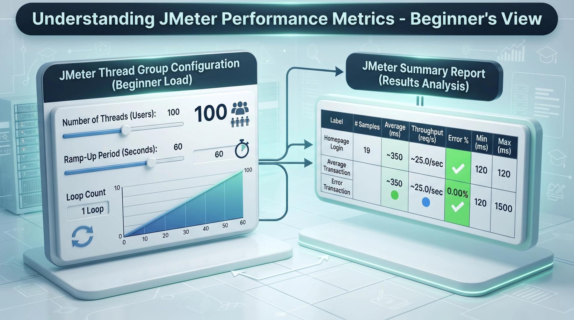 JMeter summary report displaying average response time, throughput, error rate, and min/max metrics for students