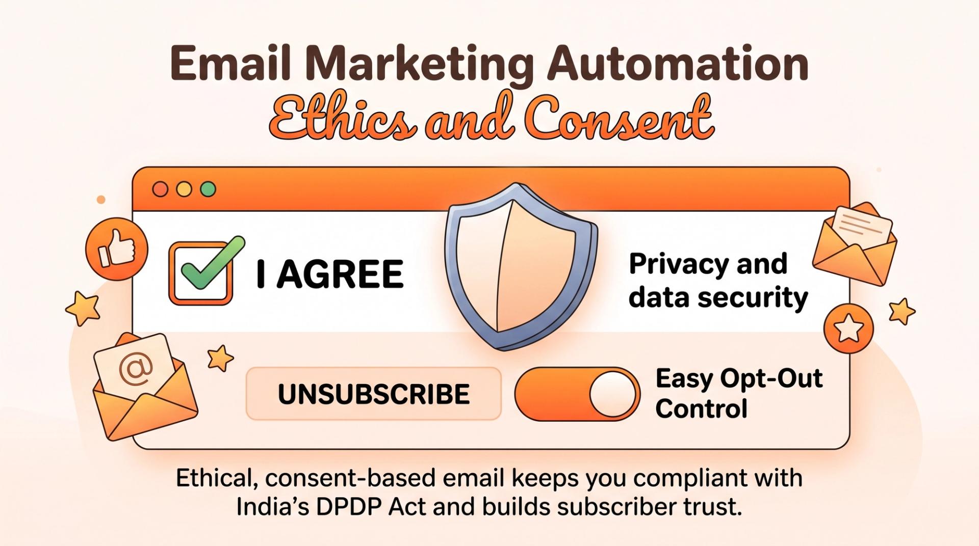  Email marketing ethics checklist showing consent, privacy shield, and an unsubscribe option.