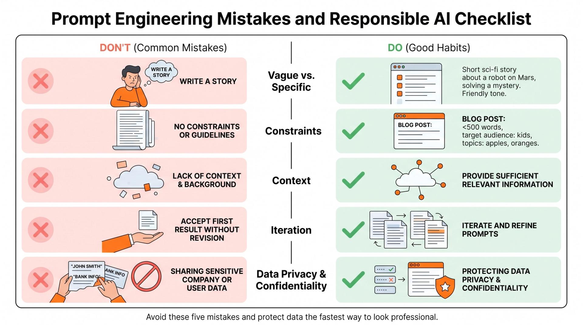 Common prompt engineering mistakes and responsible AI habits shown as a checklist