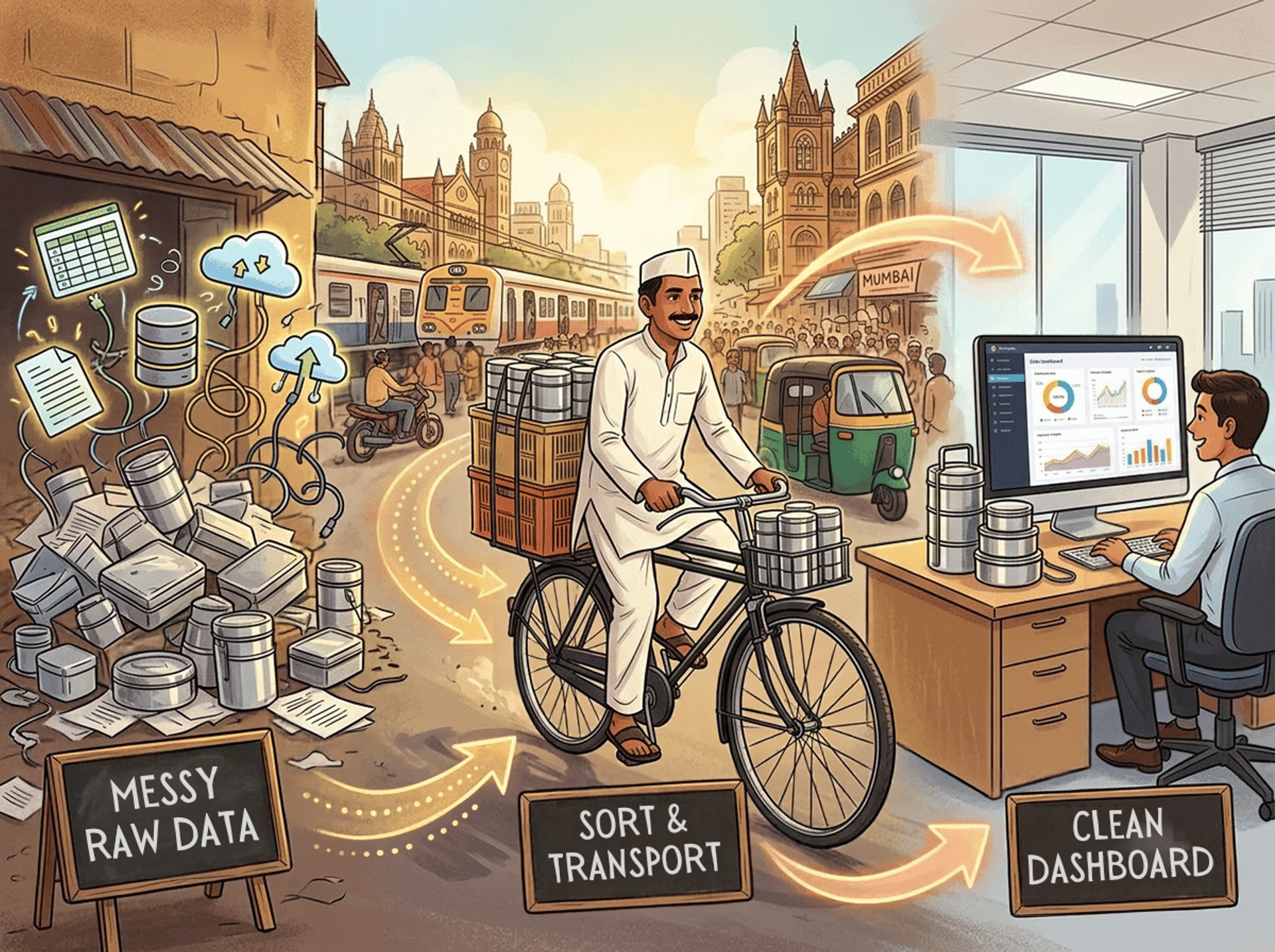 Dabbawala analogy showing how Power BI organises raw data