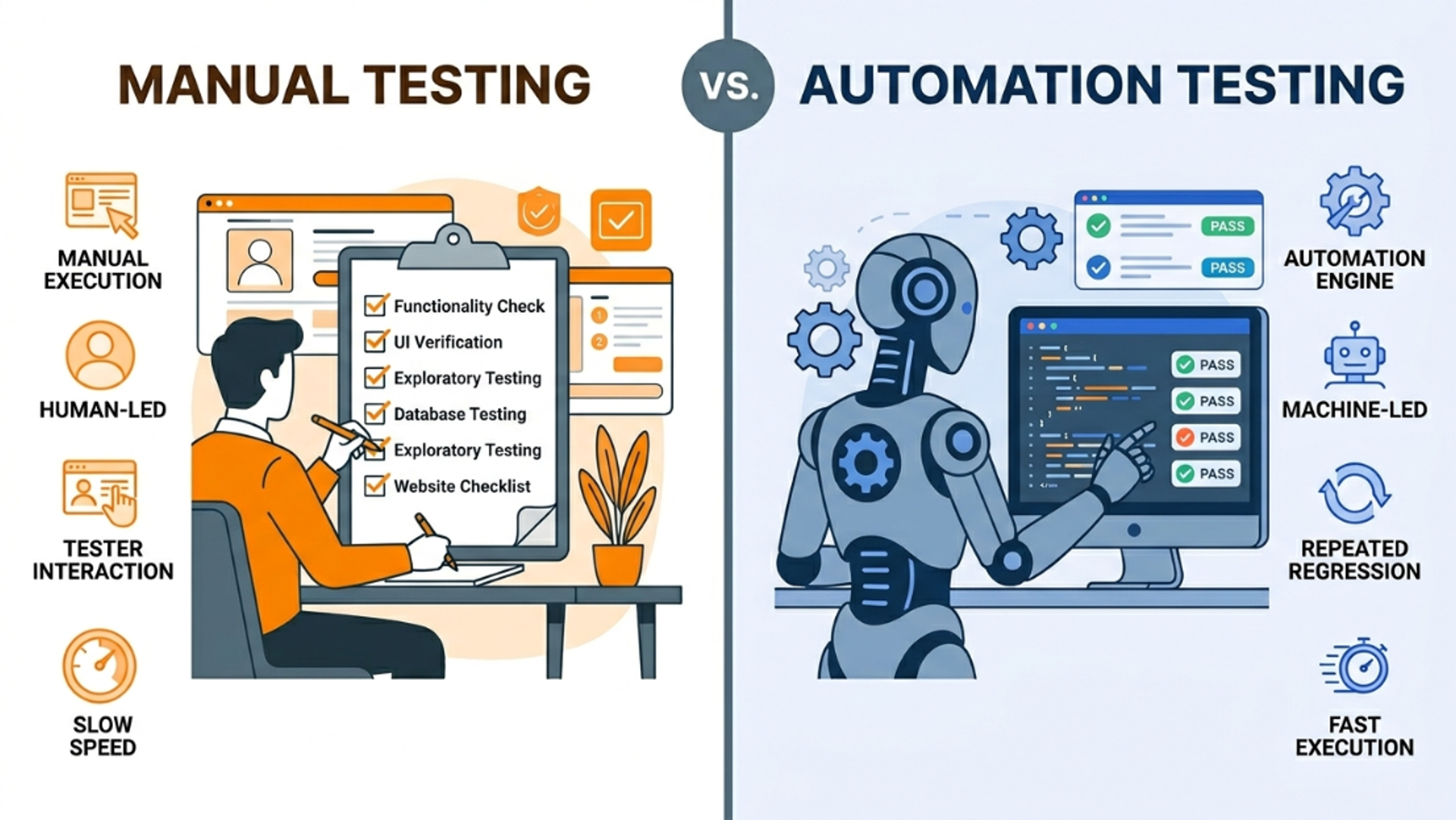 Infographic comparing manual testing vs. automation testing workflows and execution methods.