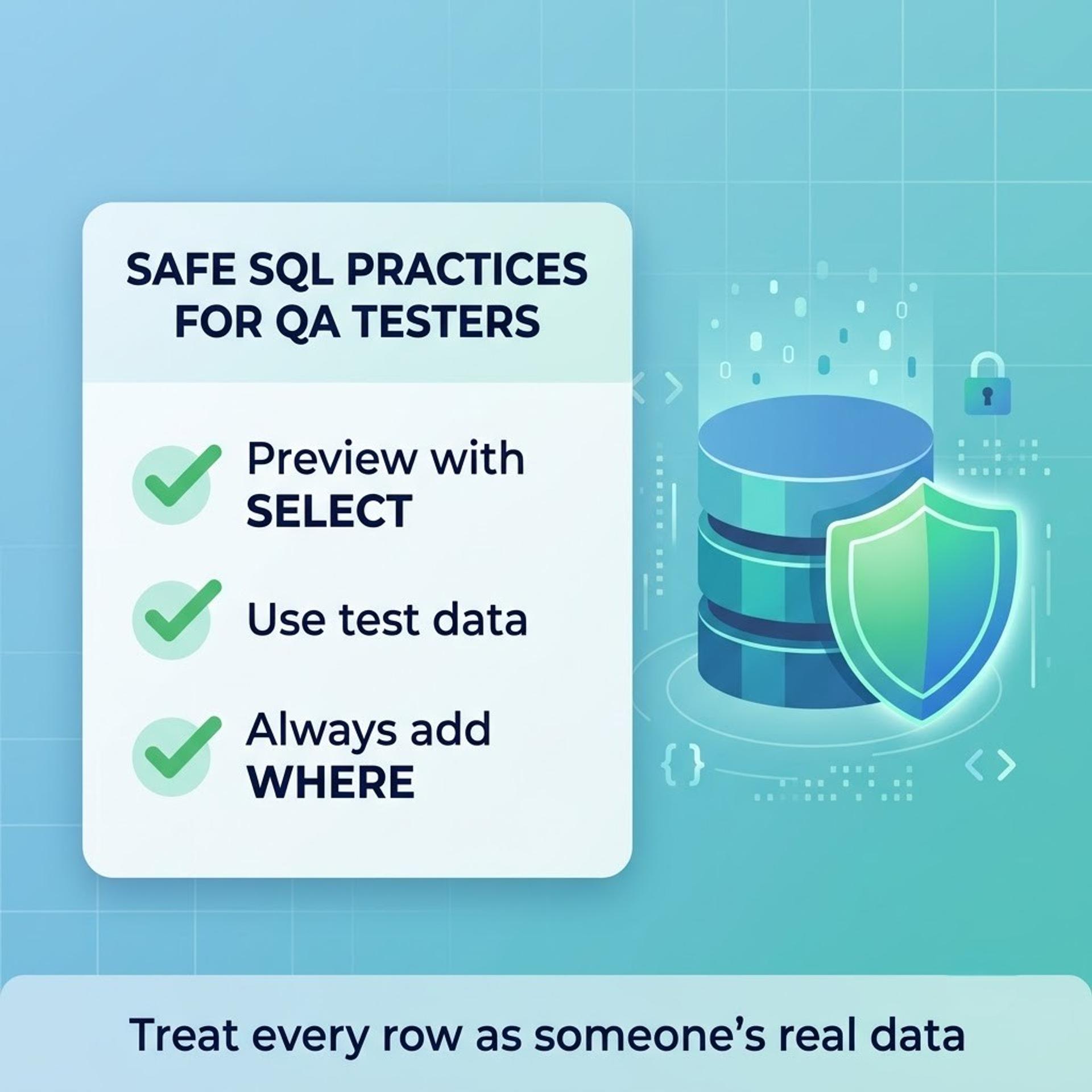 Checklist of safe SQL practices for testers with a shield over a database icon