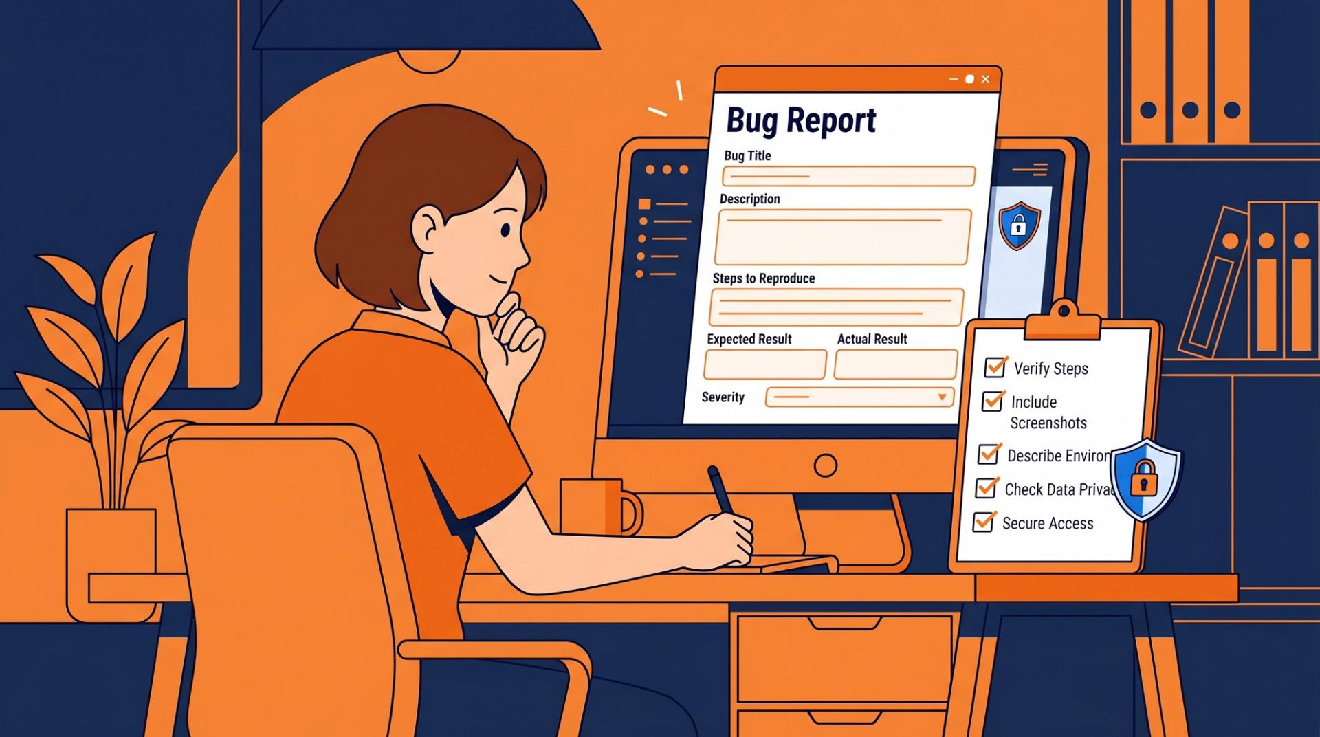 Tester writing a clear bug report using manual testing tools with a data-privacy shield