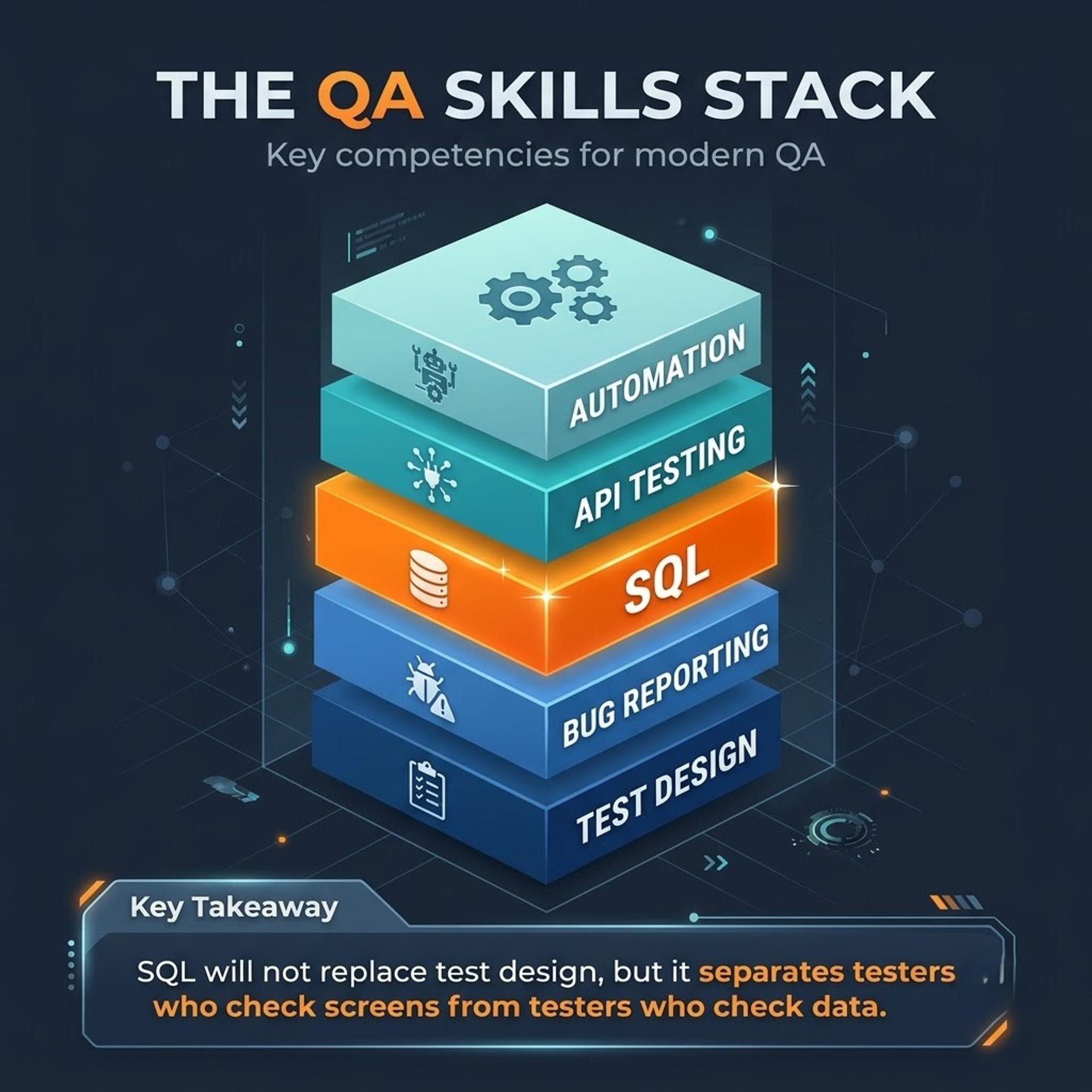 QA skills stack showing SQL beside test design, API testing and automation skills