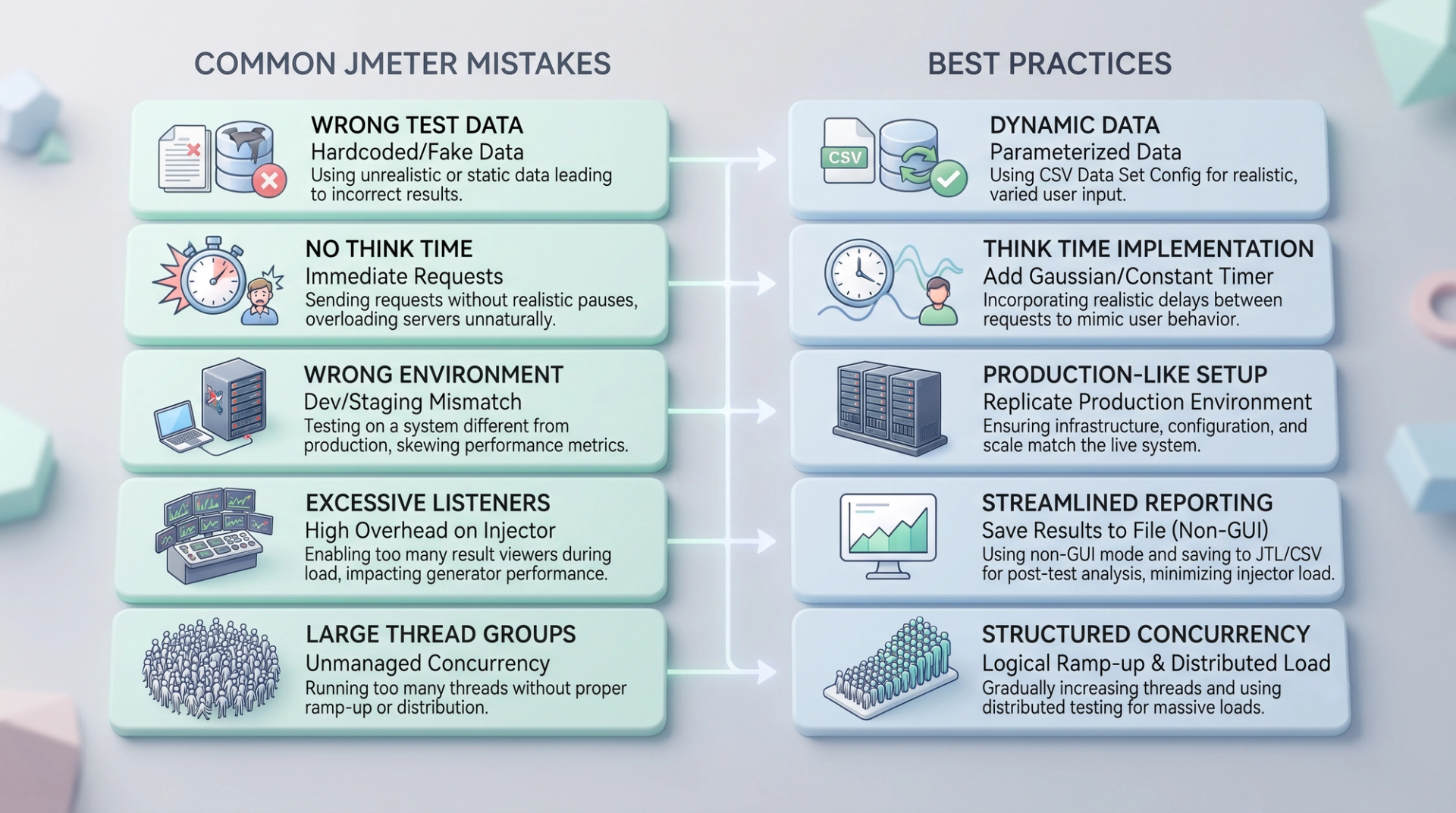 JMeter testing mistakes vs best practices comparison chart for students and testing professionals