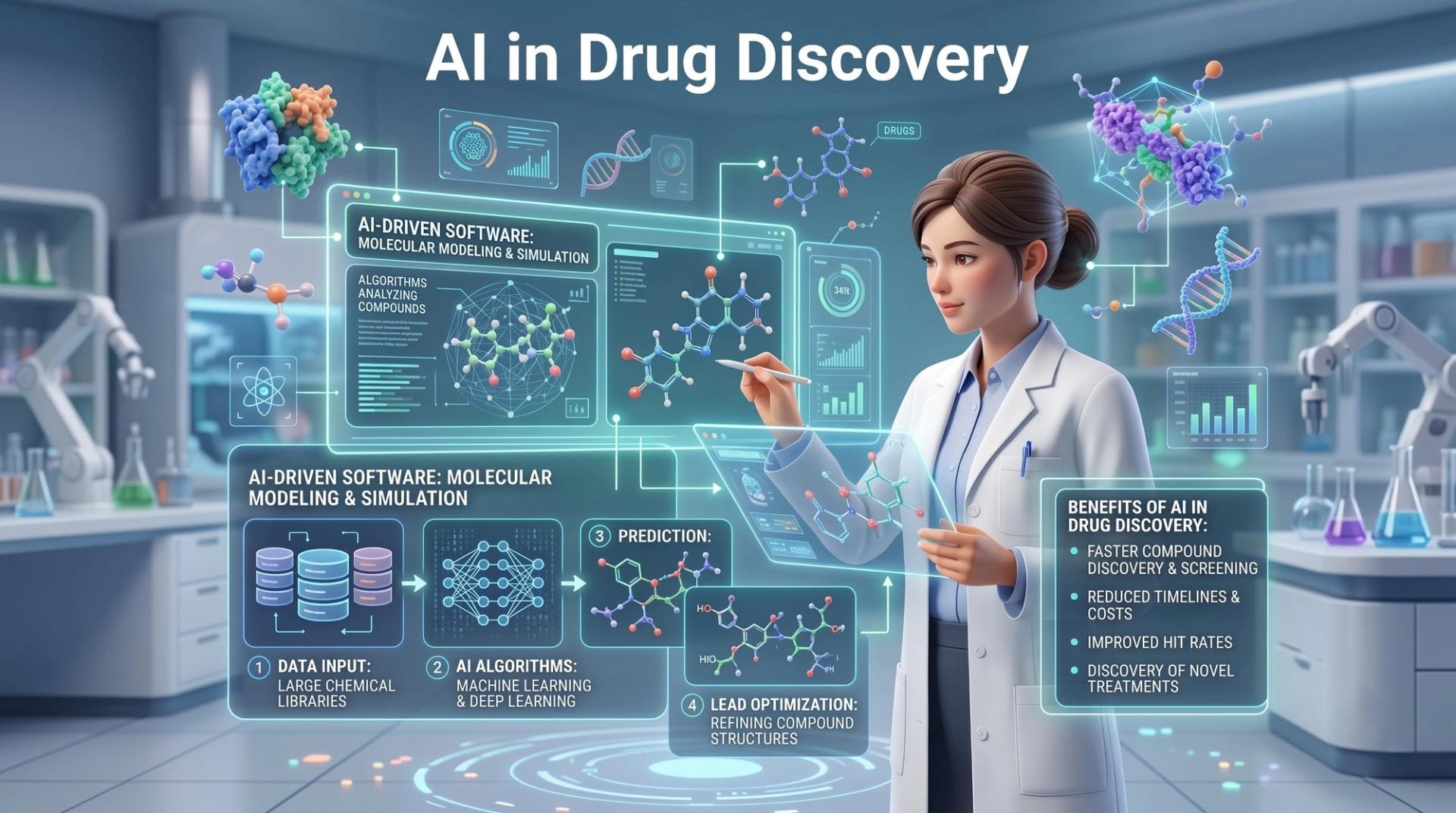 Pharmaceutical researcher using AI-driven software to analyze drug compounds
