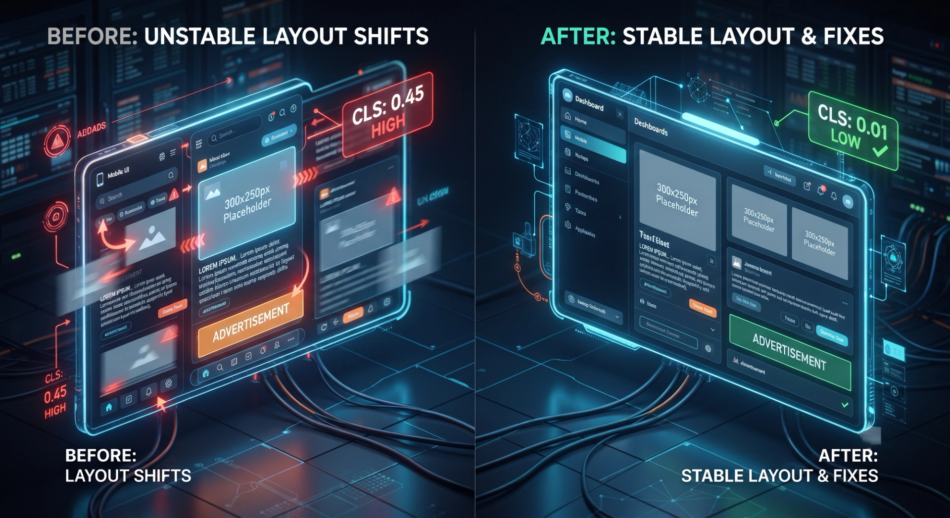 Layout shift prevention: before/after comparison of image sizing, ads, fonts with fixes