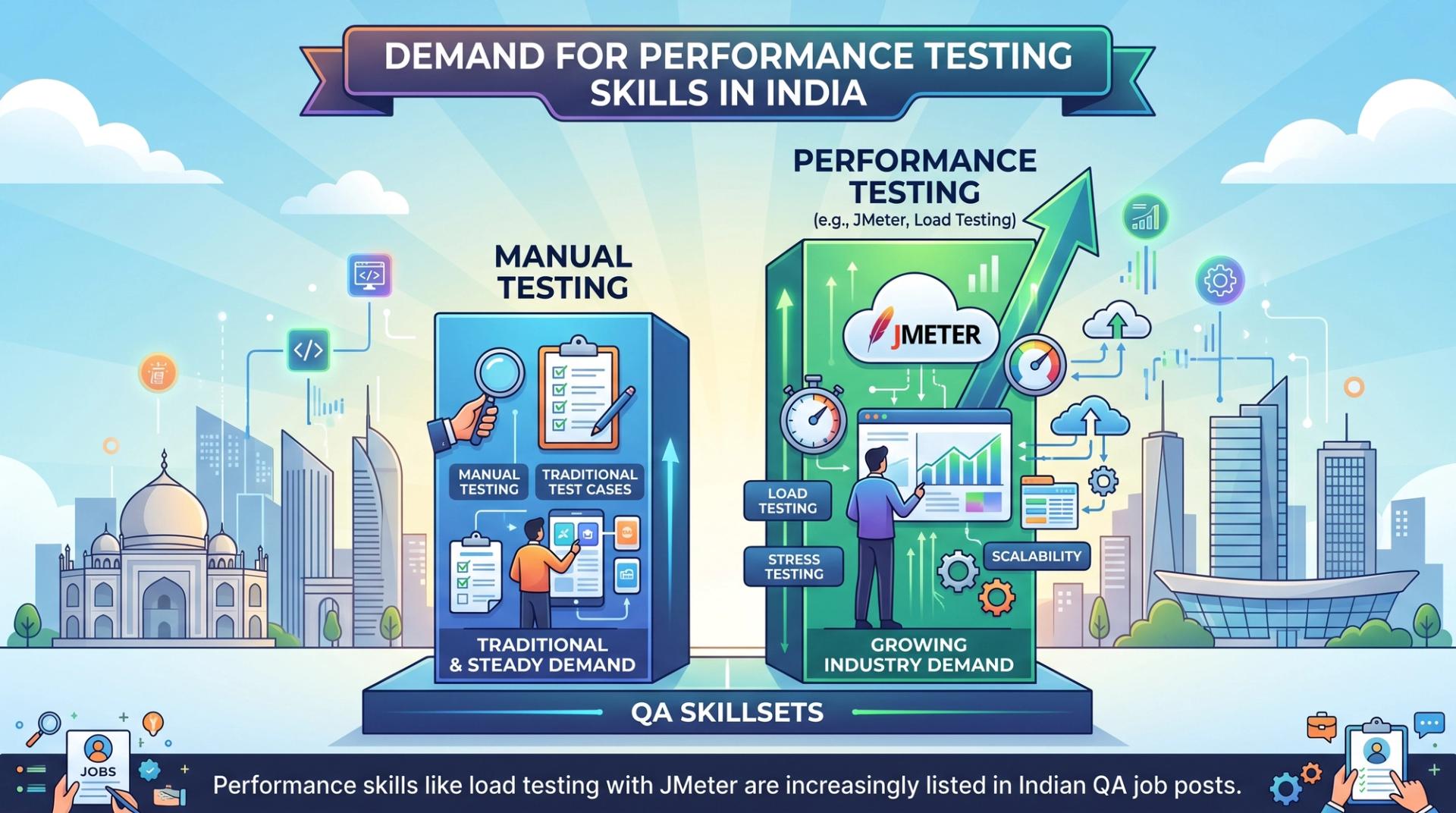 Illustration showing growing industry demand for performance testing and load testing with JMeter skills in India