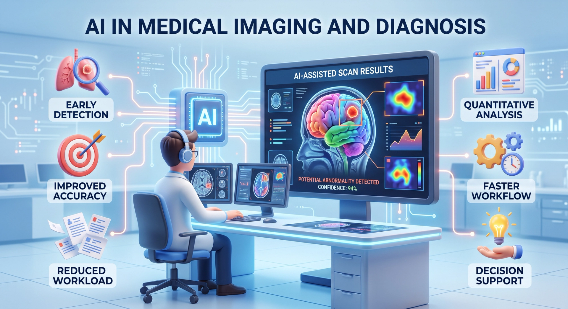 Radiologist reviewing AI-assisted medical imaging scan results on a screen