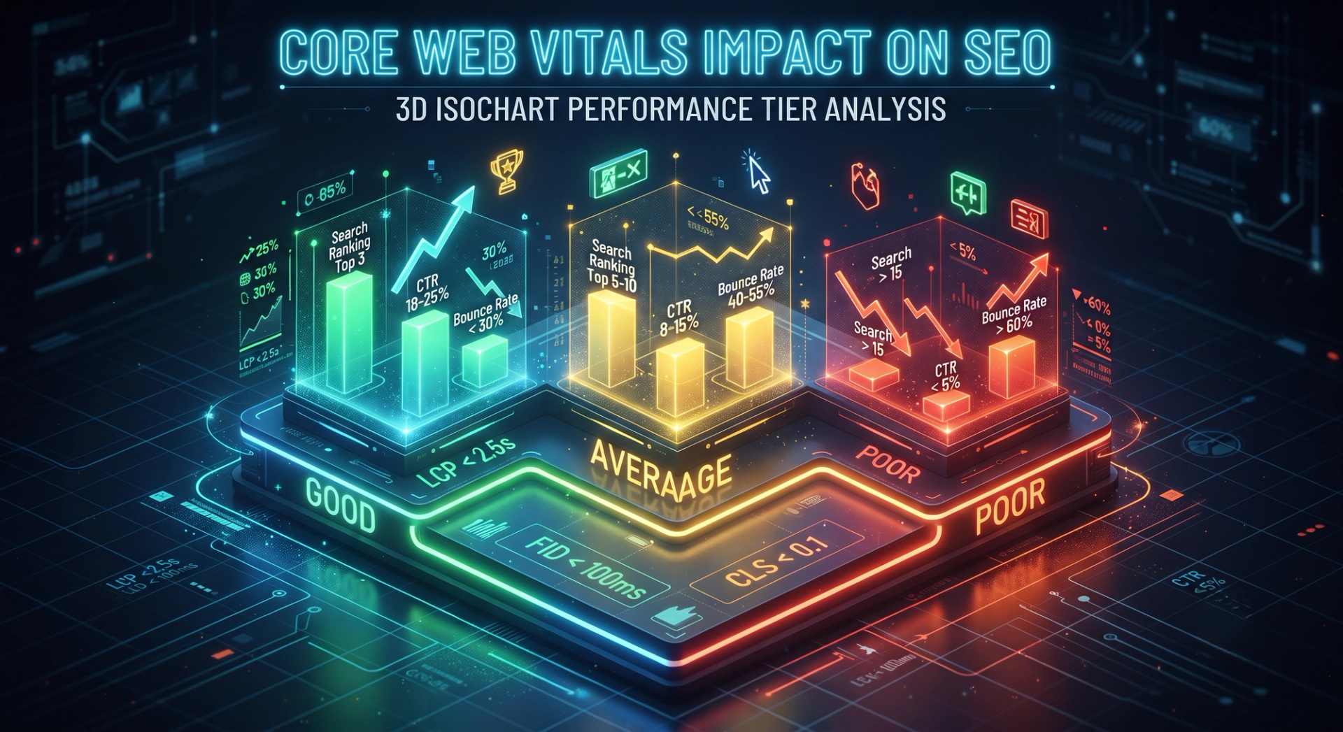SEO impact chart: good/average/poor Core Web Vitals affecting rankings, CTR, bounce rate