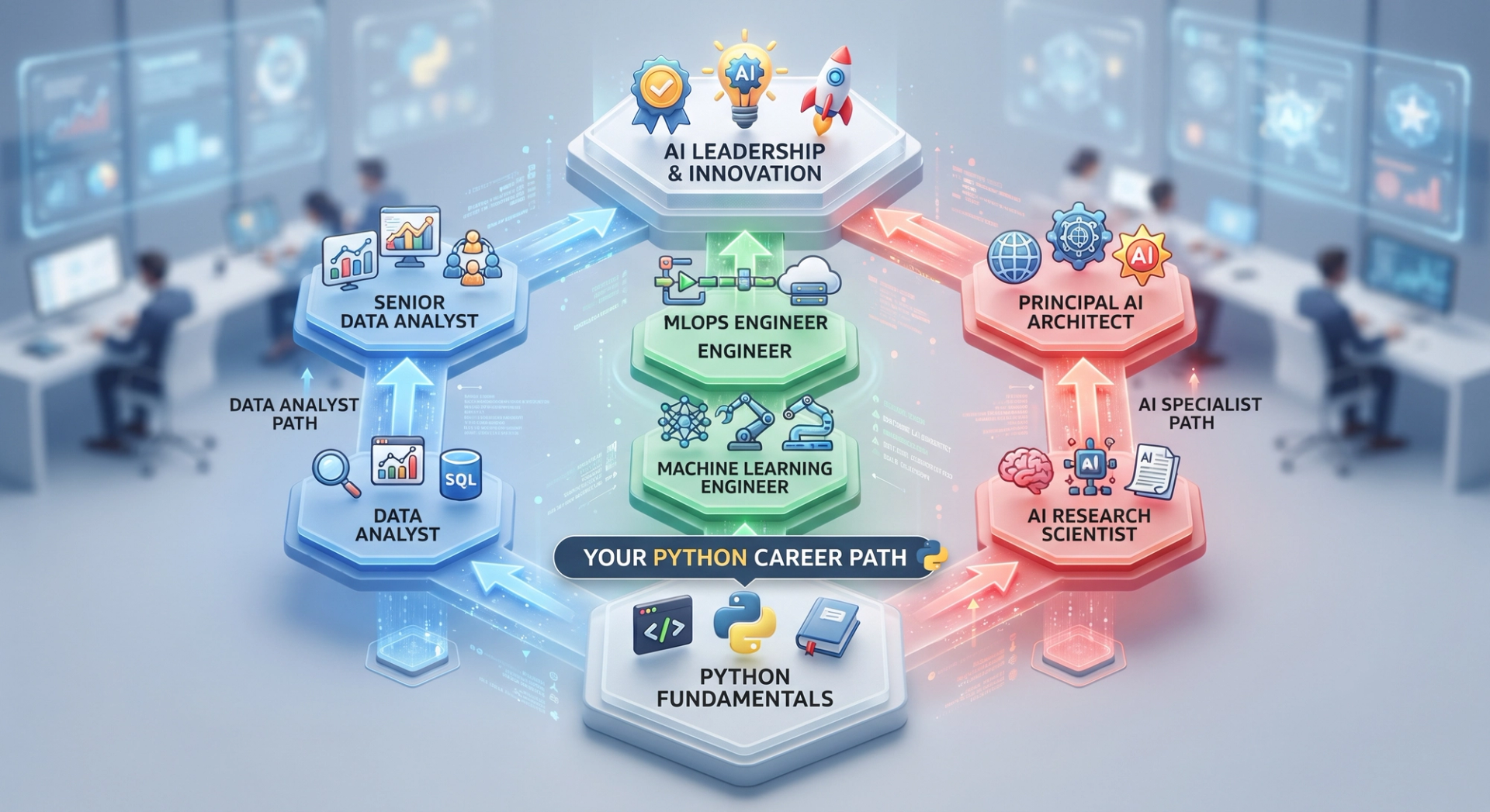 Career path graphic showing progression from Python fundamentals to data analyst, machine learning engineer, and AI specialist roles