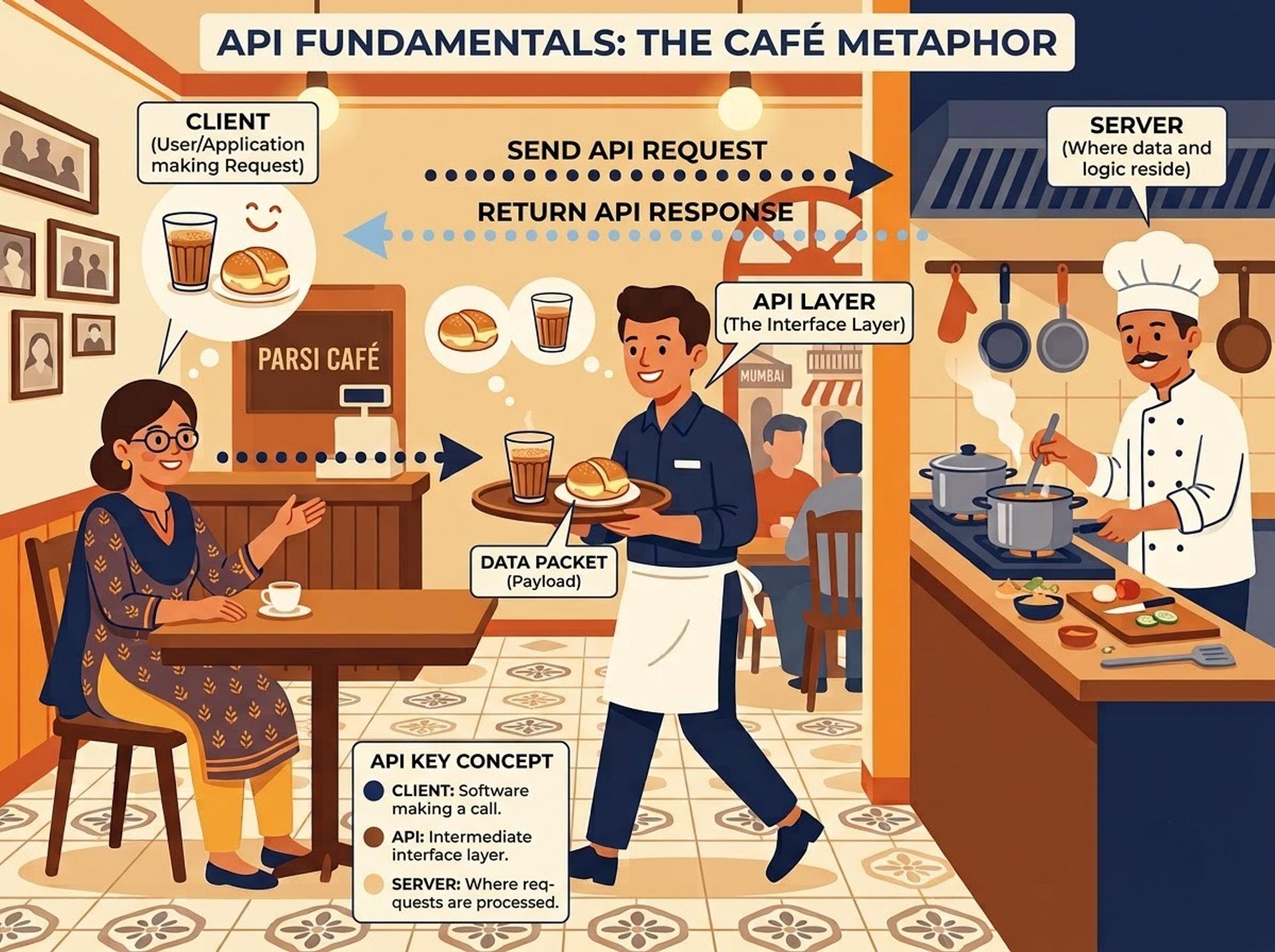 	Waiter carrying an order between customer and kitchen, explaining an API