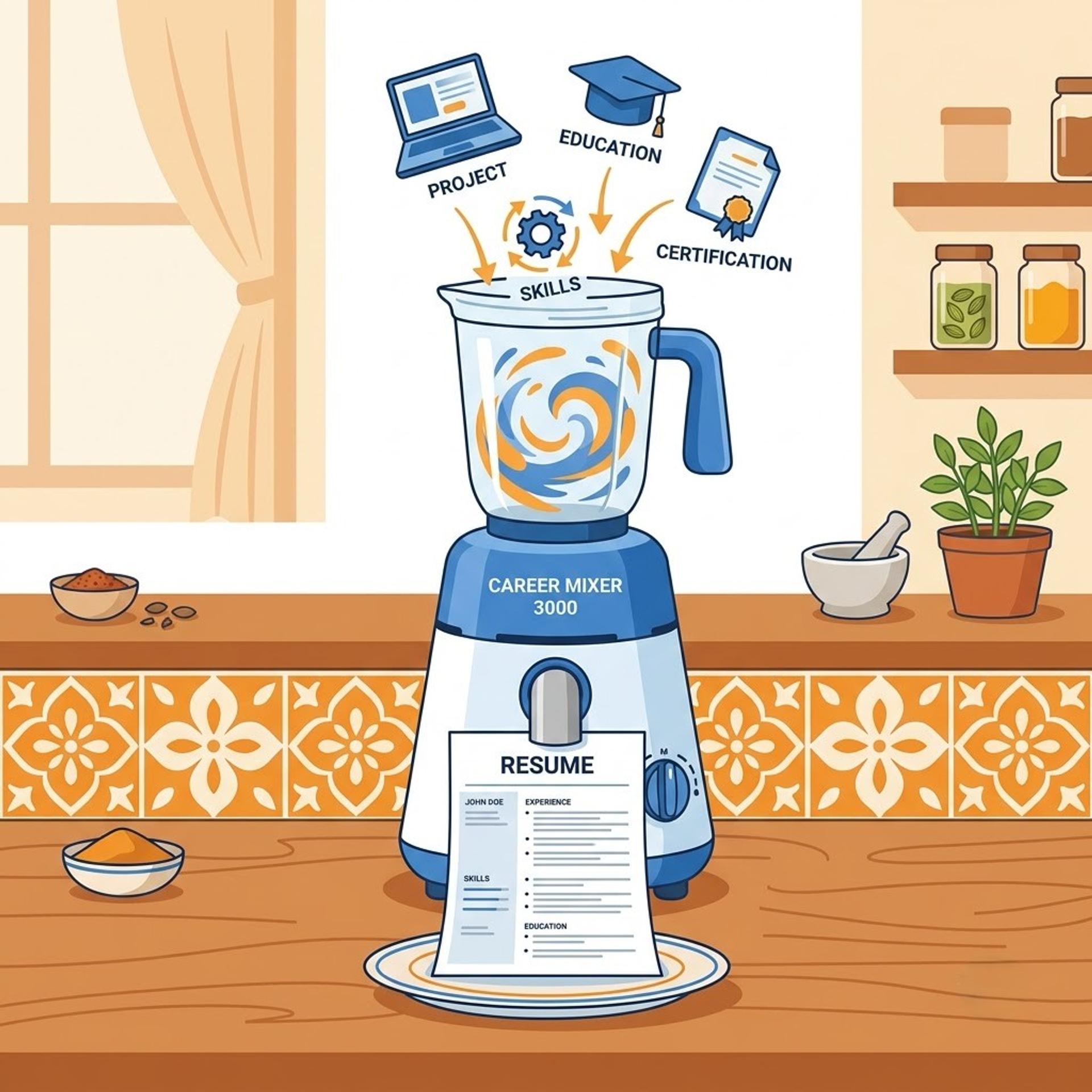 AI tools shown as a mixer-grinder turning resume ingredients into a polished resume
