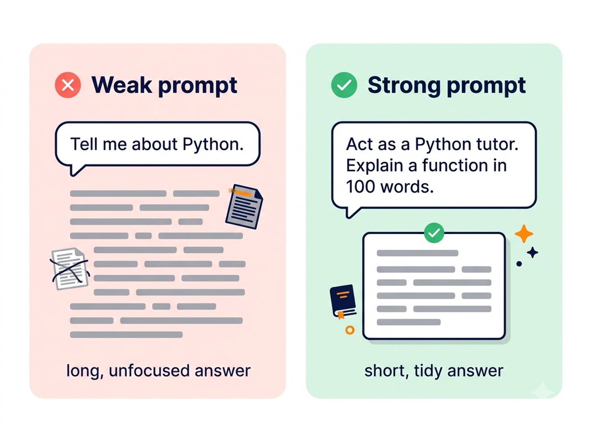 Prompt engineering examples comparing a vague prompt with a clear prompt
