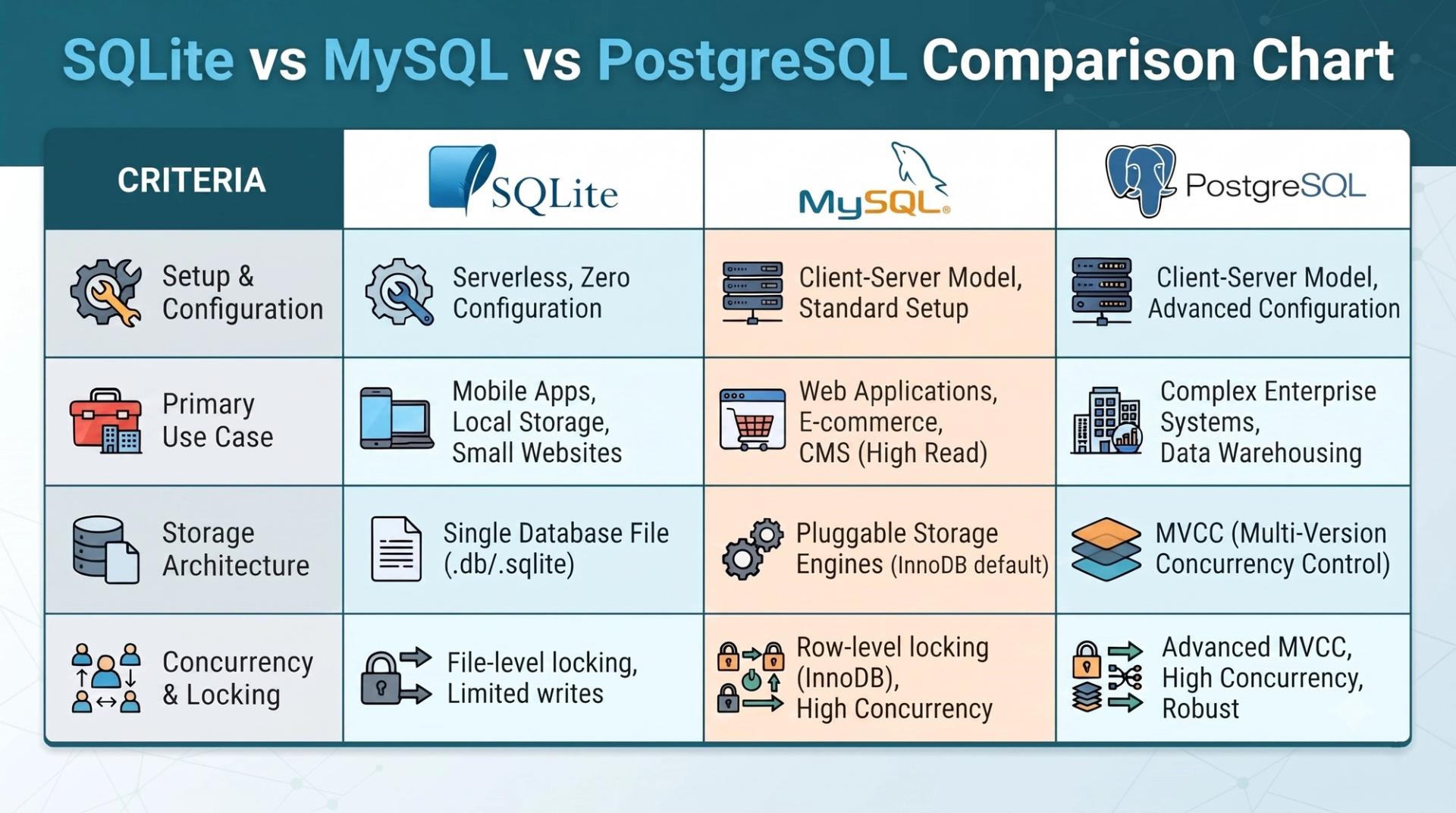 Comparison chart of SQLite vs MySQL vs PostgreSQL for setup, use case, storage, and concurrency