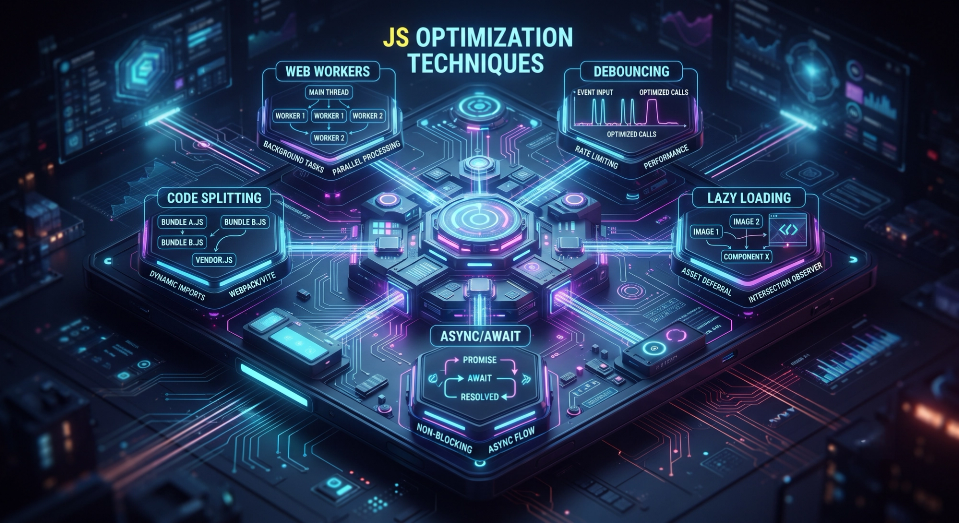 JavaScript optimization techniques: code splitting, Web Workers, debouncing, lazy loading, async/await