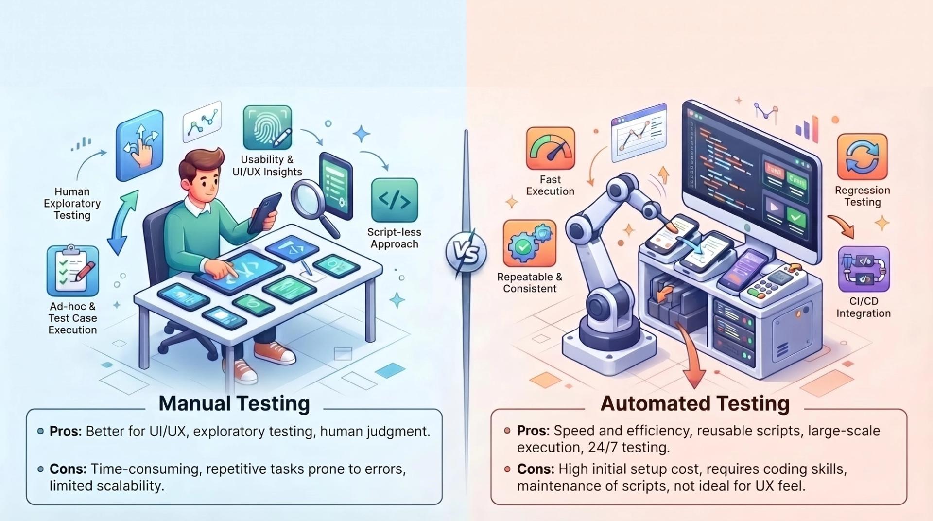 Side-by-side comparison graphic of manual testing and automated testing characteristics for mobile apps