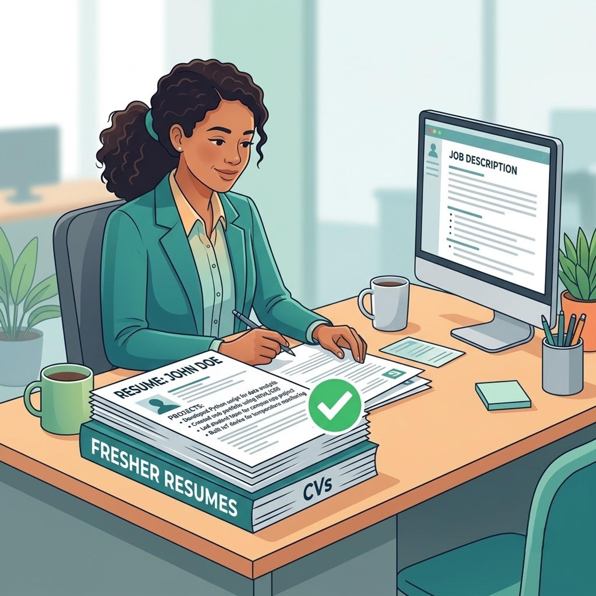 Recruiter selecting one clear fresher resume from a large stack