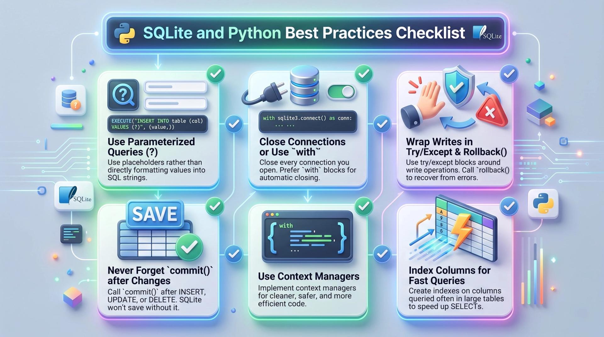 Checklist of SQLite and Python best practices including parameterized queries and context managers