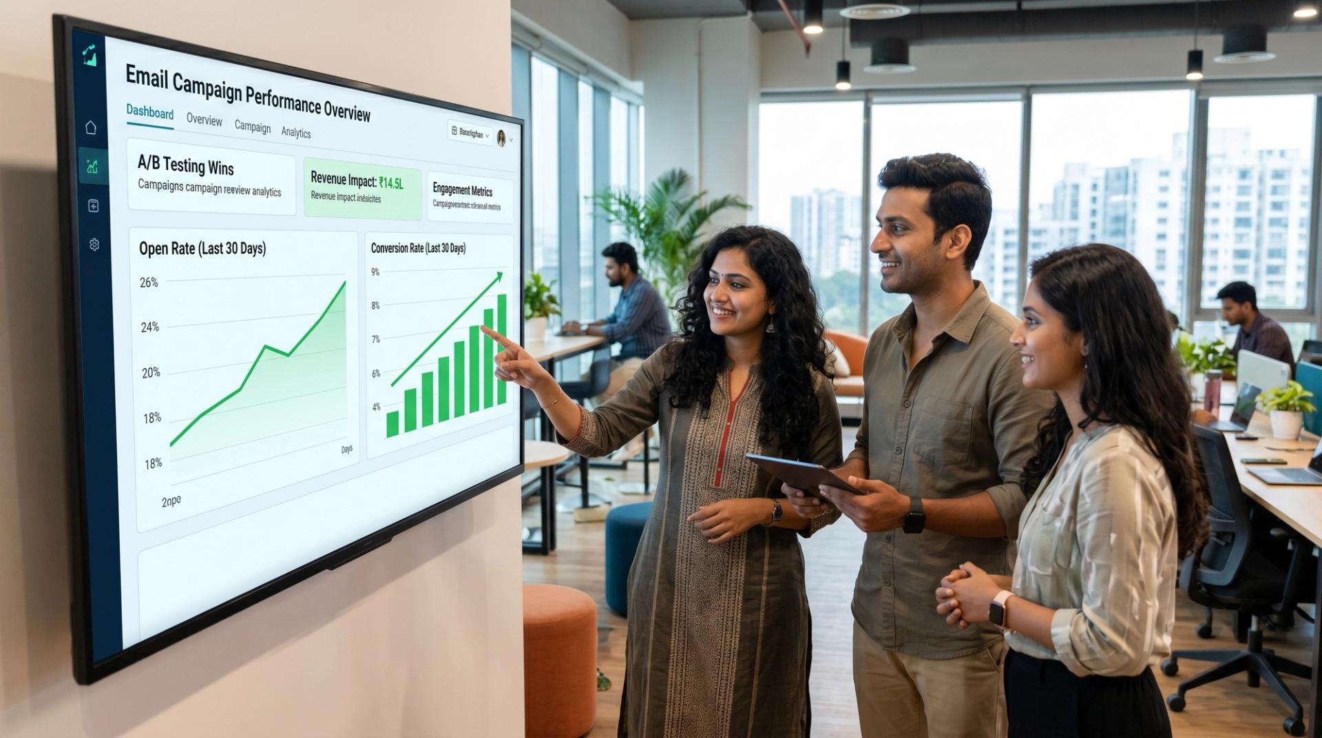  Indian marketing team reviewing email campaign metrics, reflecting growing demand for automation jobs.