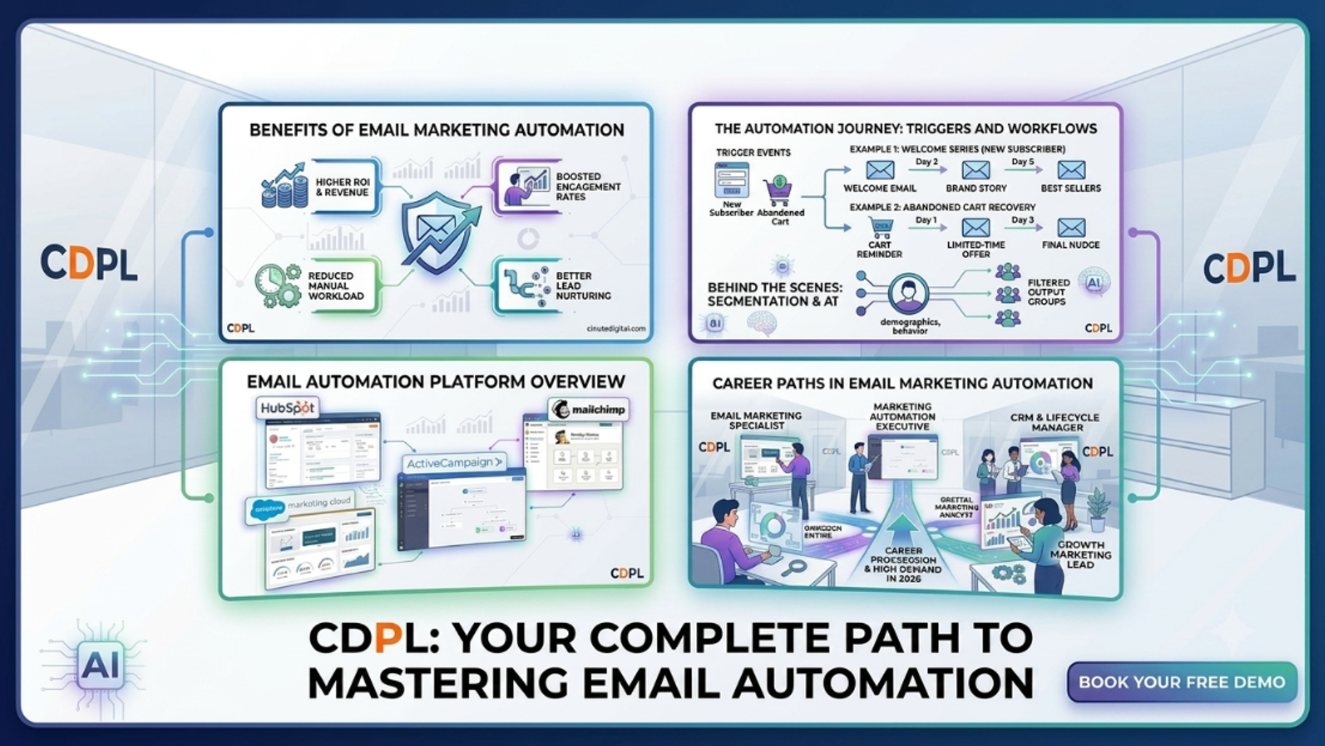 CDPL infographic grid covering email marketing automation benefits, trigger journey workflows, platform choices, and 2026 career development paths.