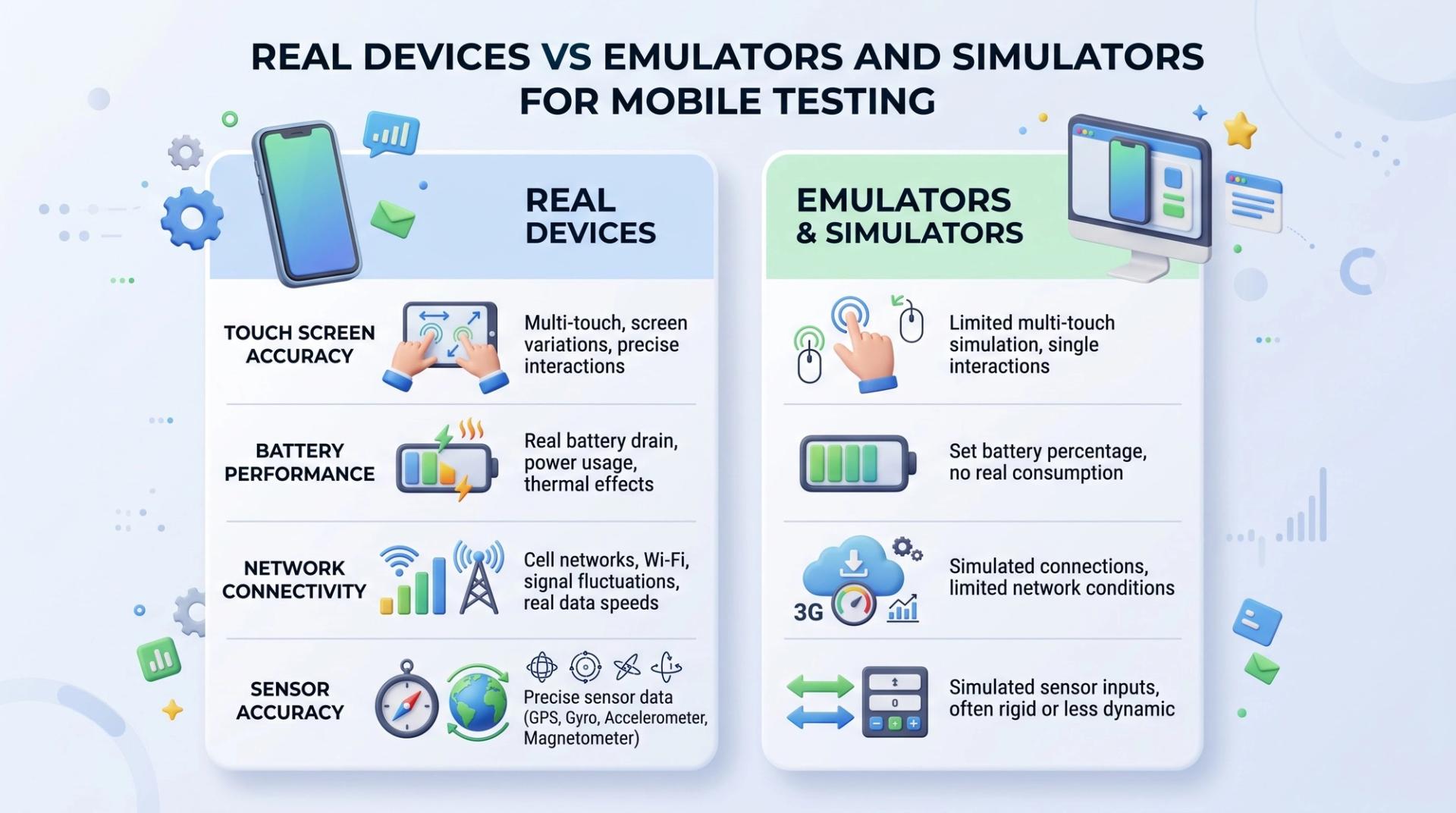 Comparison table graphic contrasting real device testing with emulators across touch, battery, network, and sensor accuracy