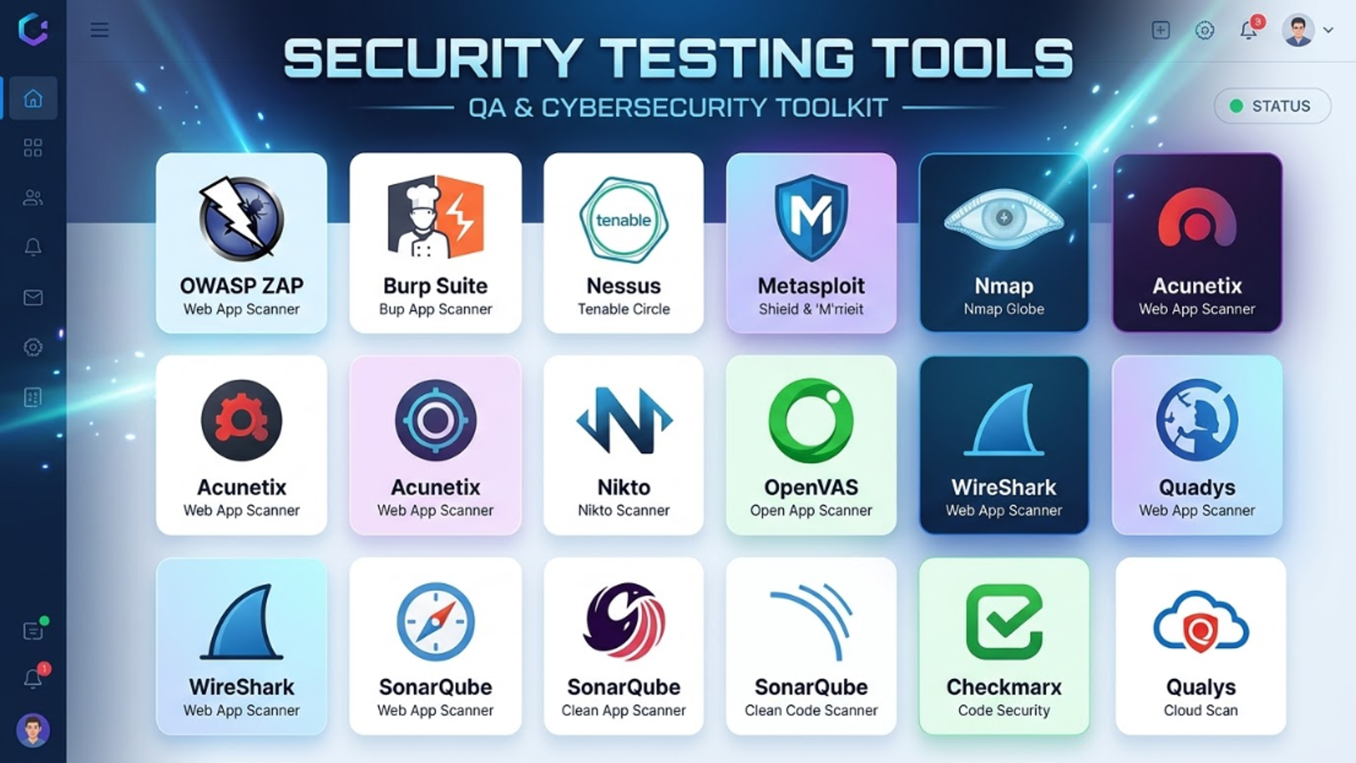 Popular security testing tools used by QA and cybersecurity professionals including OWASP ZAP and Burp Suite