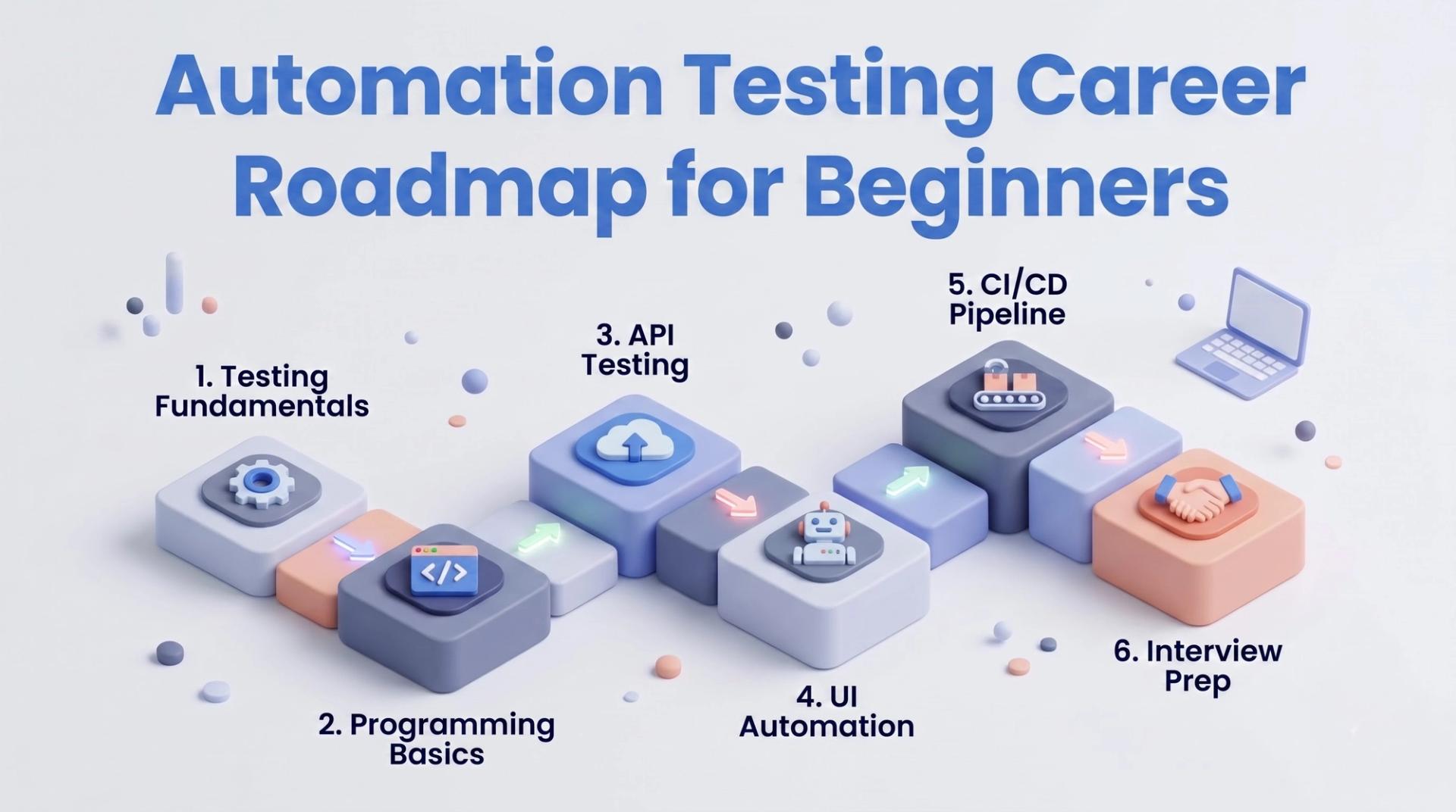Six stage automation testing career roadmap from testing fundamentals and programming basics through API testing, UI automation, CI/CD and interview preparation