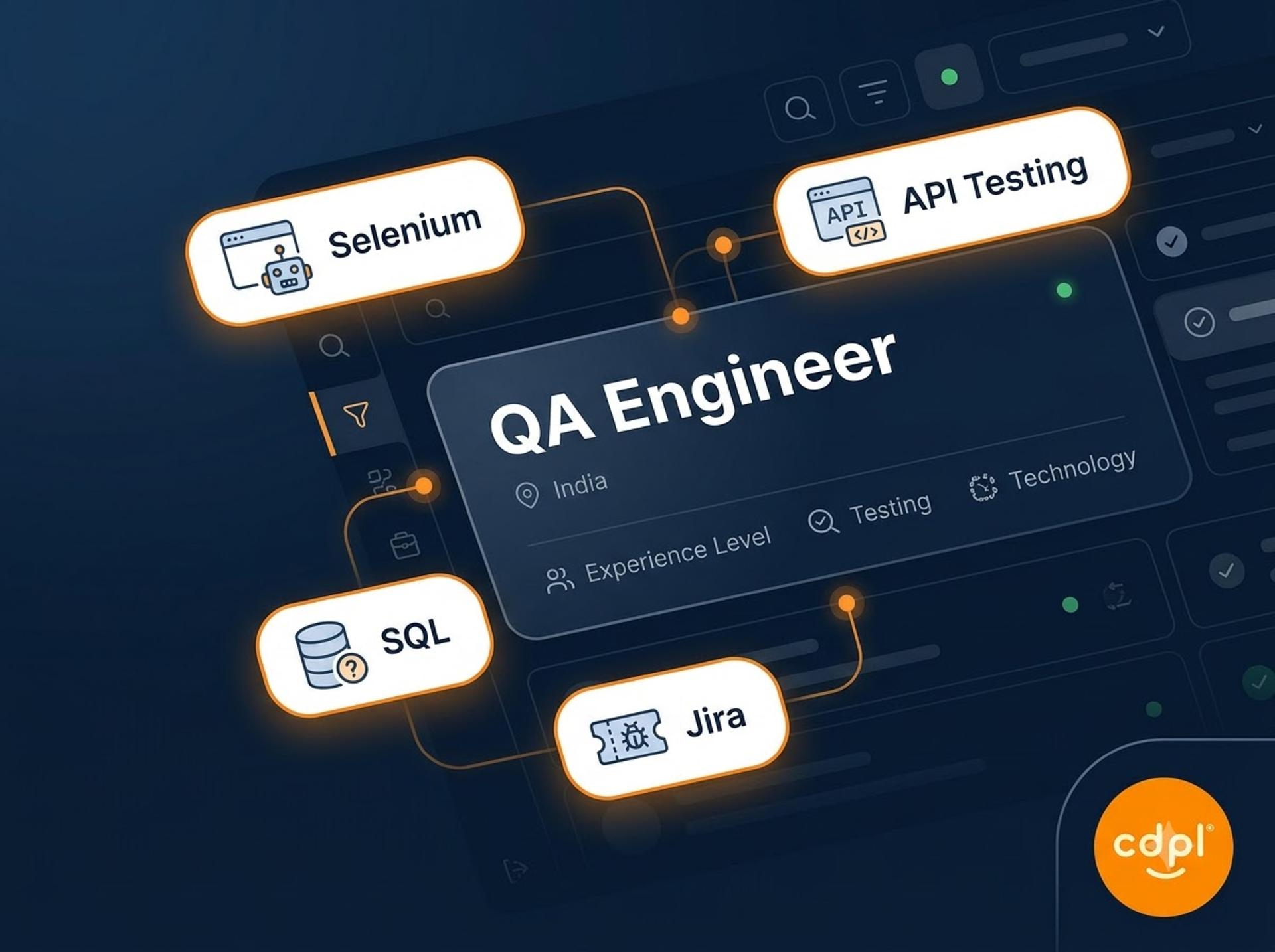 QA engineer job card with highlighted Selenium, API testing and SQL skill tags