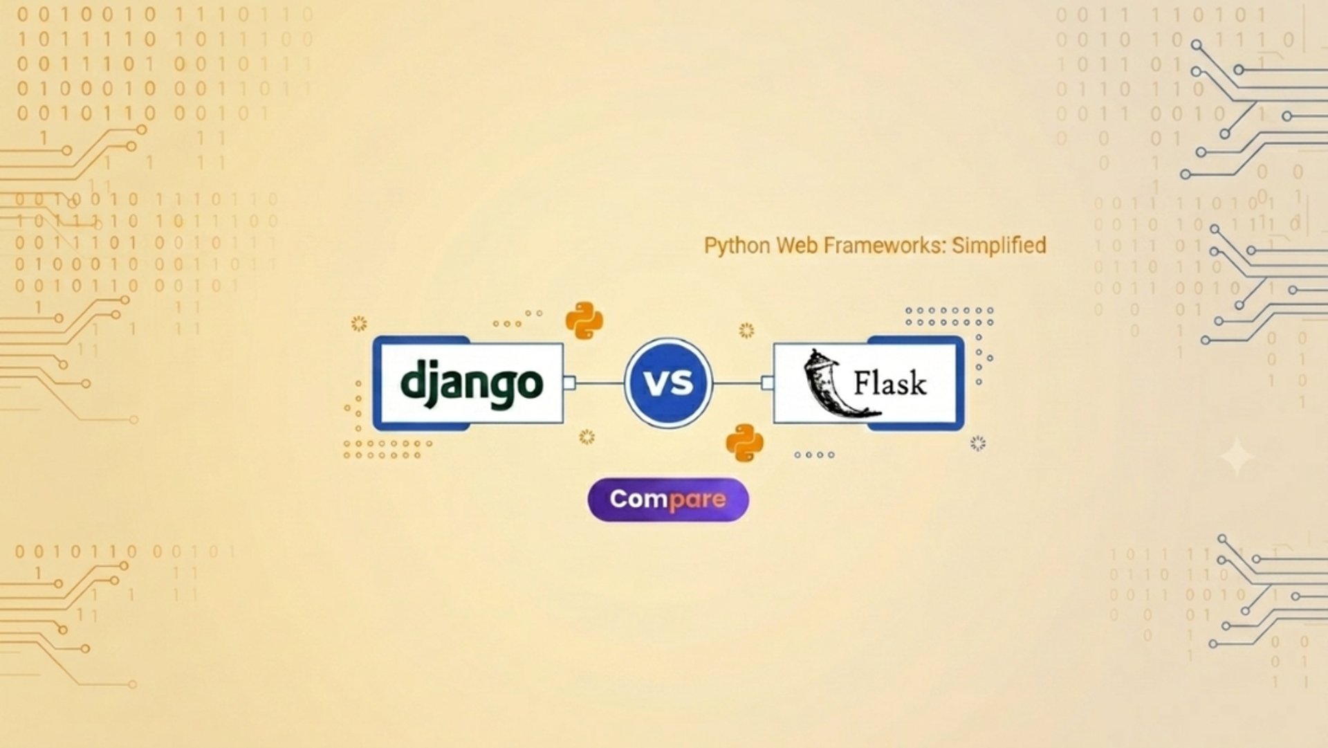 A simplified comparison graphic between the Django and Flask Python web frameworks.