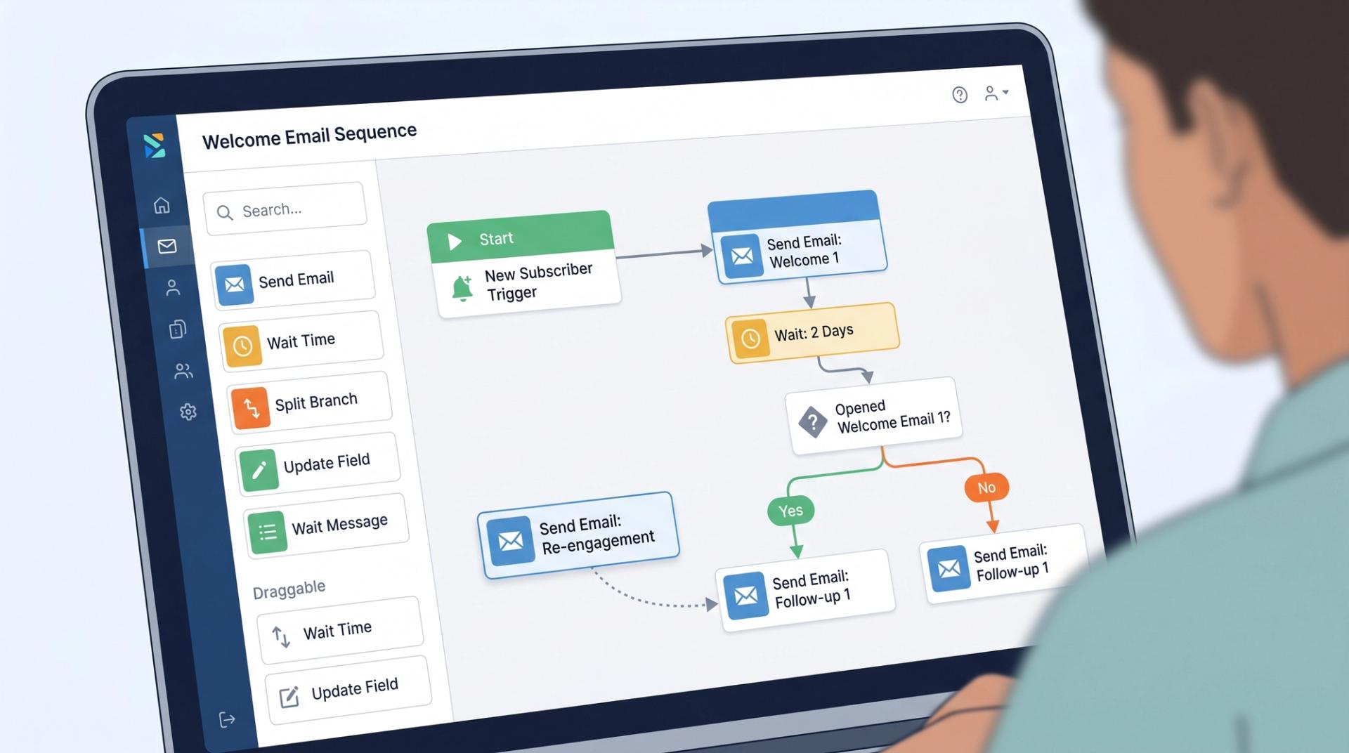 Building a welcome email sequence step by step inside a no-code automation builder.