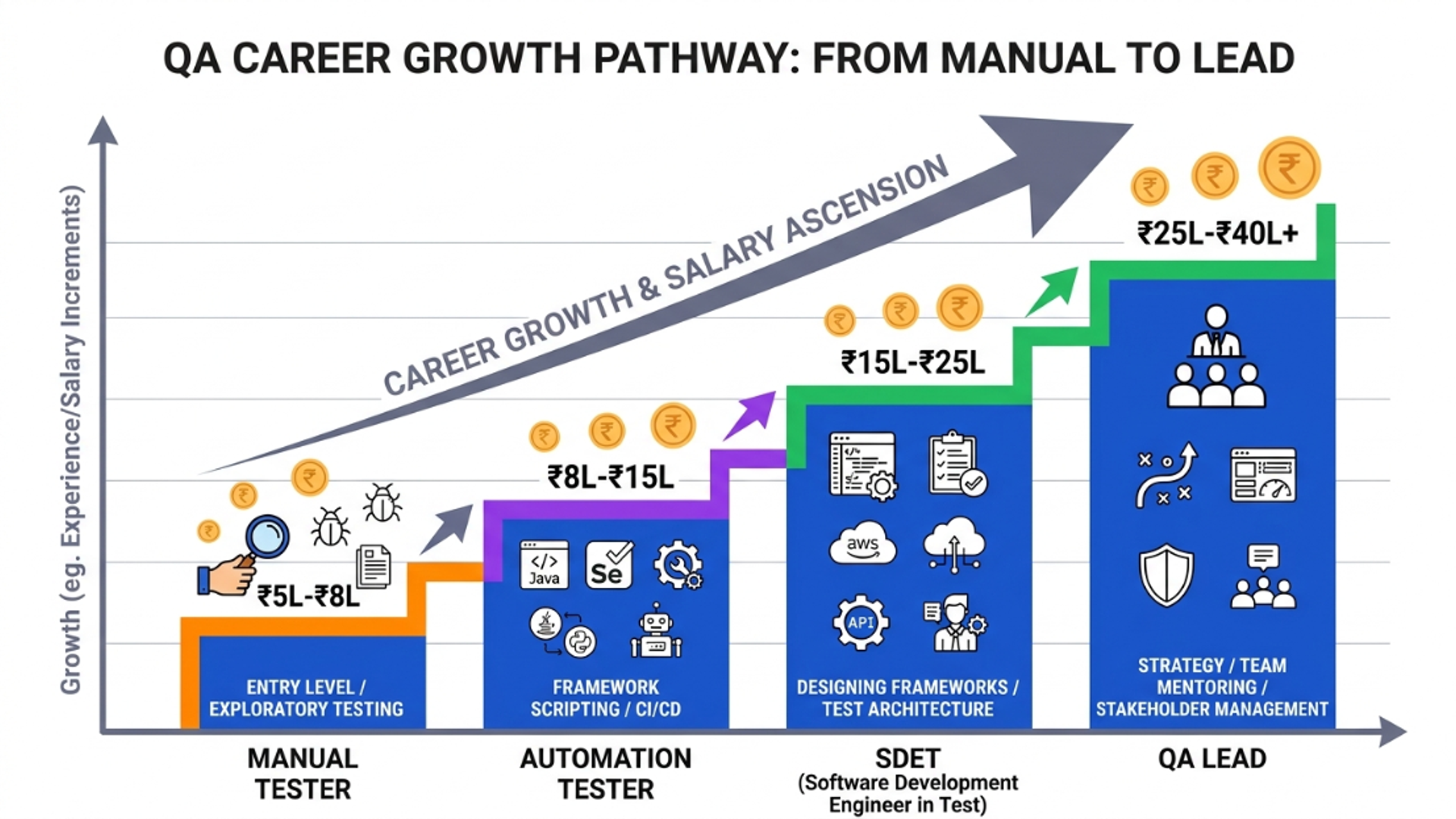 Infographic mapping the software QA career path and salary progression from Manual Tester to QA Lead.
