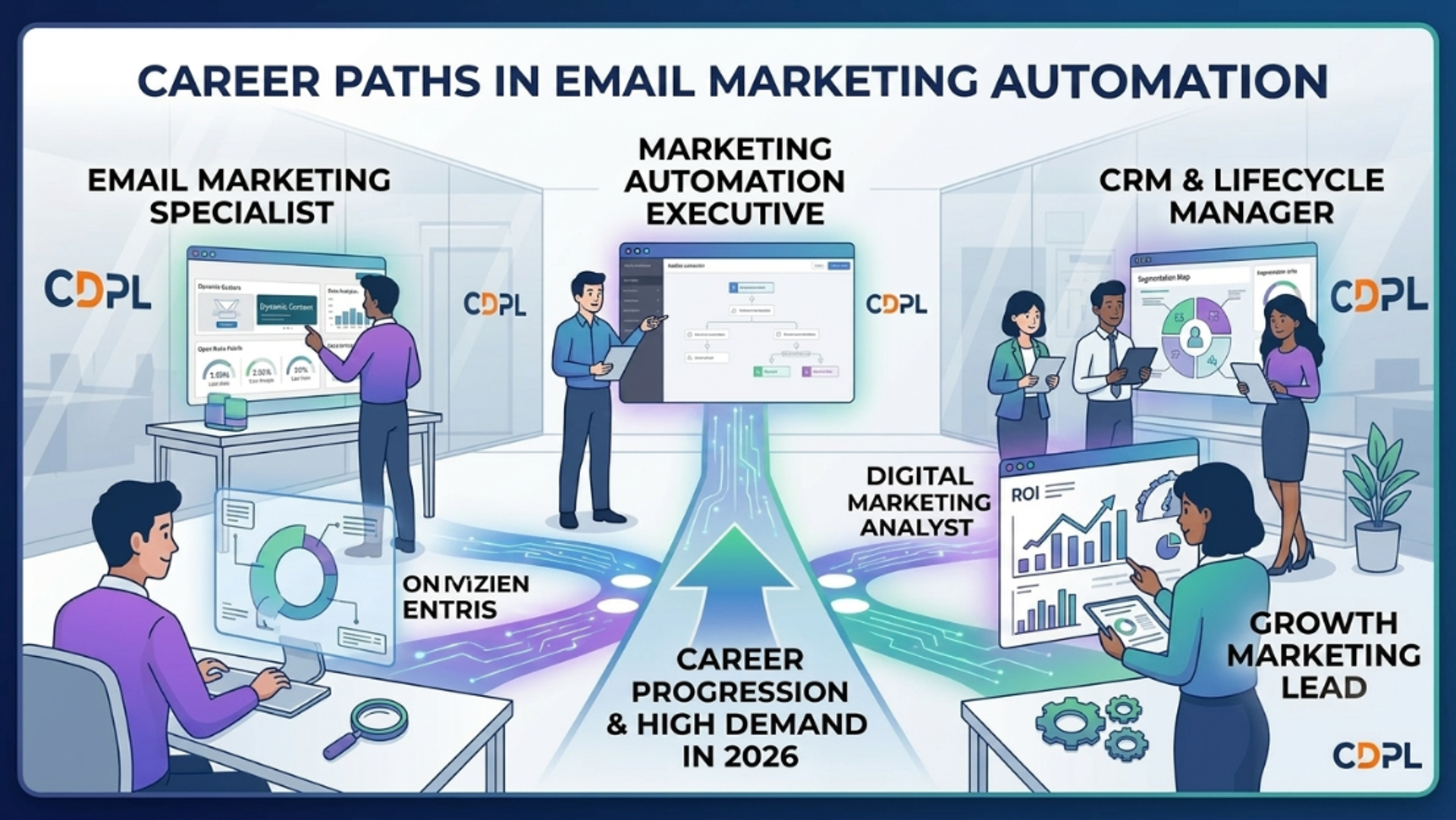 An overview infographic showcasing user interfaces from top email automation tools like HubSpot, ActiveCampaign, Mailchimp, and Salesforce Marketing Cloud.