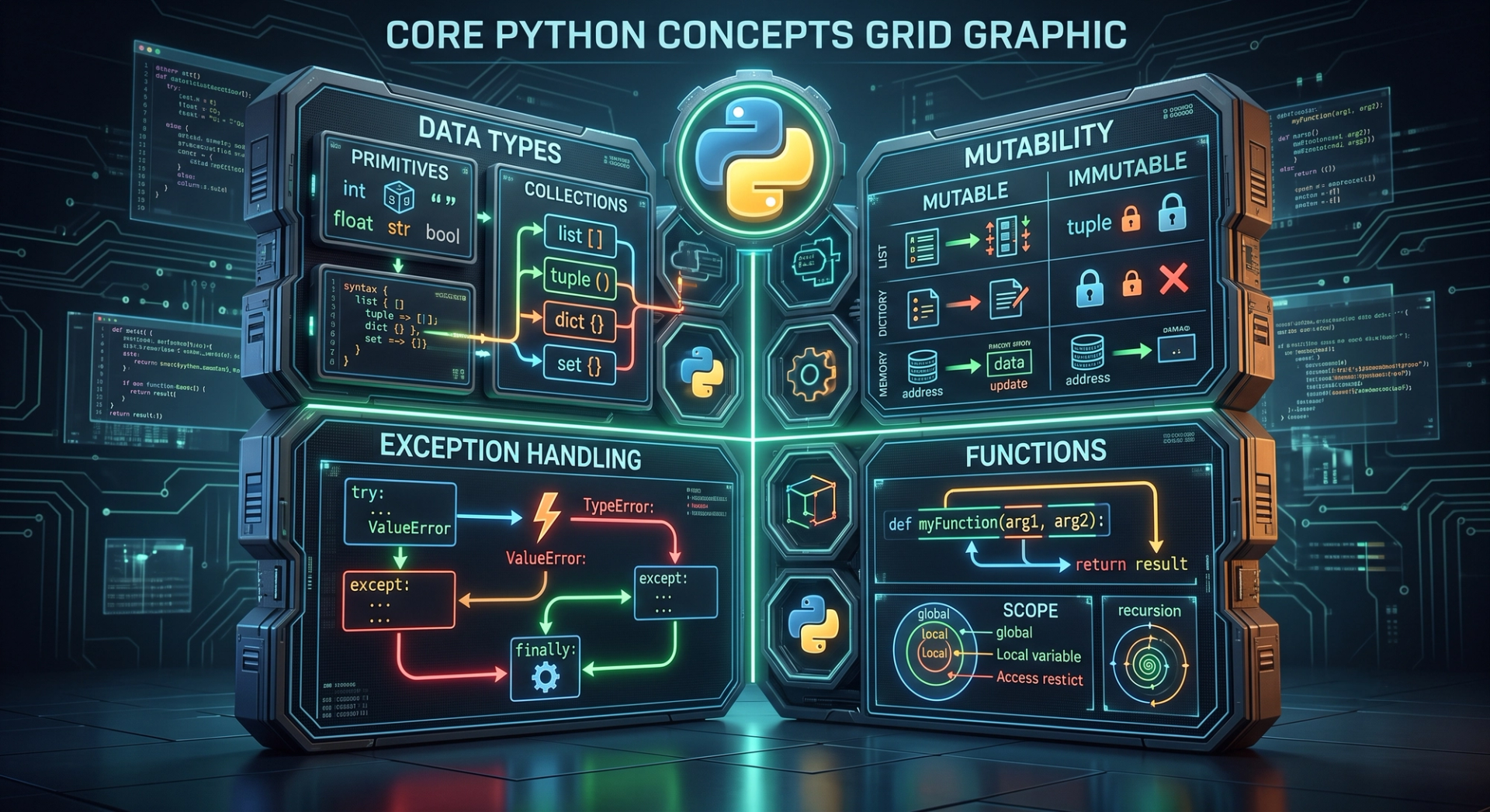 Grid graphic showing core Python concepts including data types, mutability, exception handling, and functions
