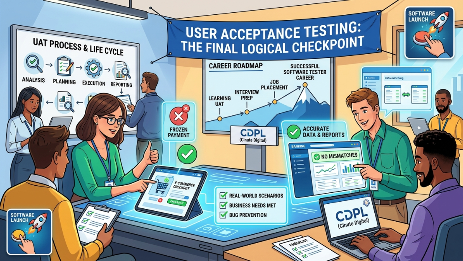 An illustrated CDPL infographic detailing User Acceptance Testing (UAT) workflows, career roadmaps, real-world bug prevention, and software launch signs.