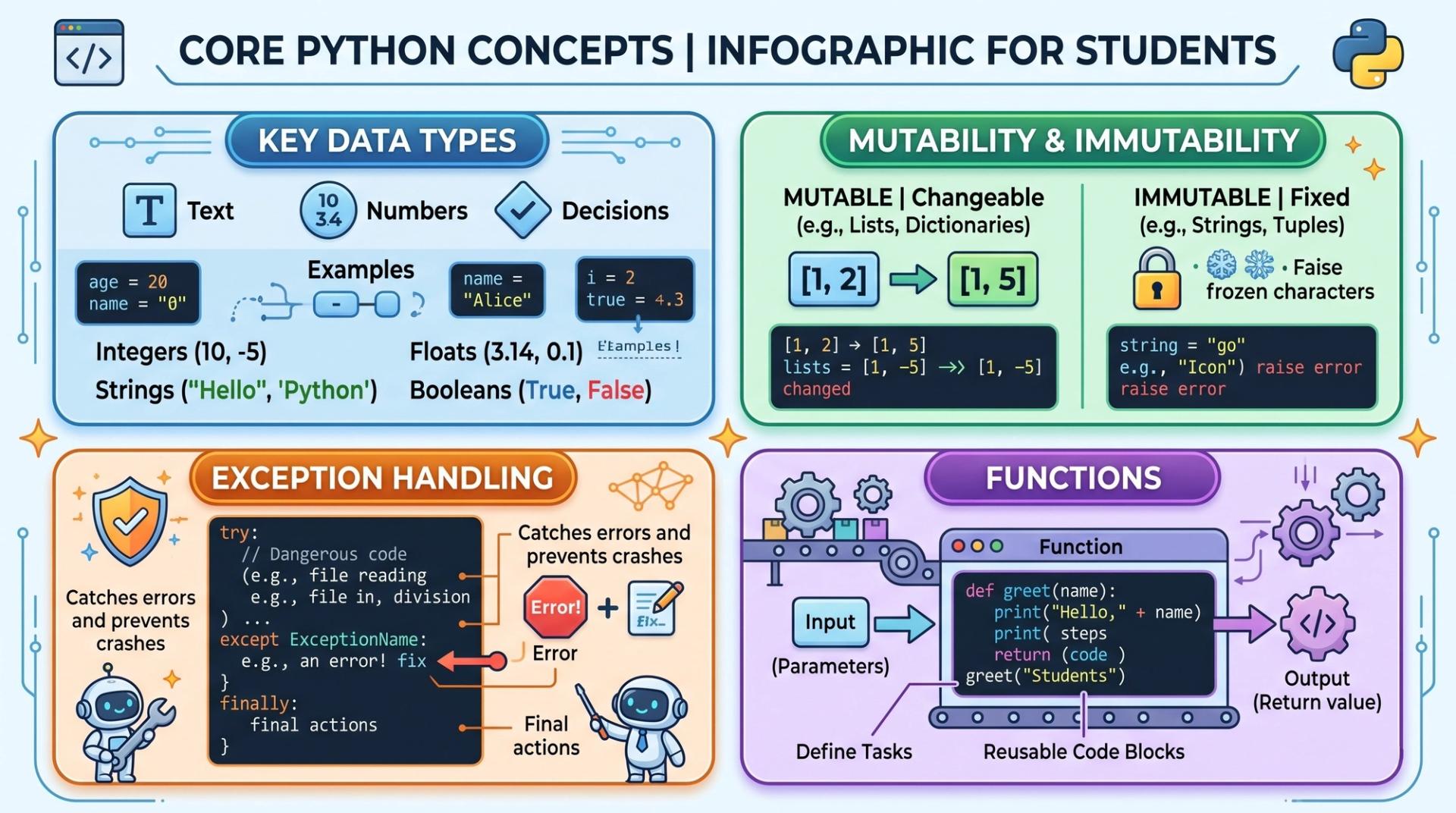 Grid graphic showing core Python concepts including data types, mutability, exception handling, and functions