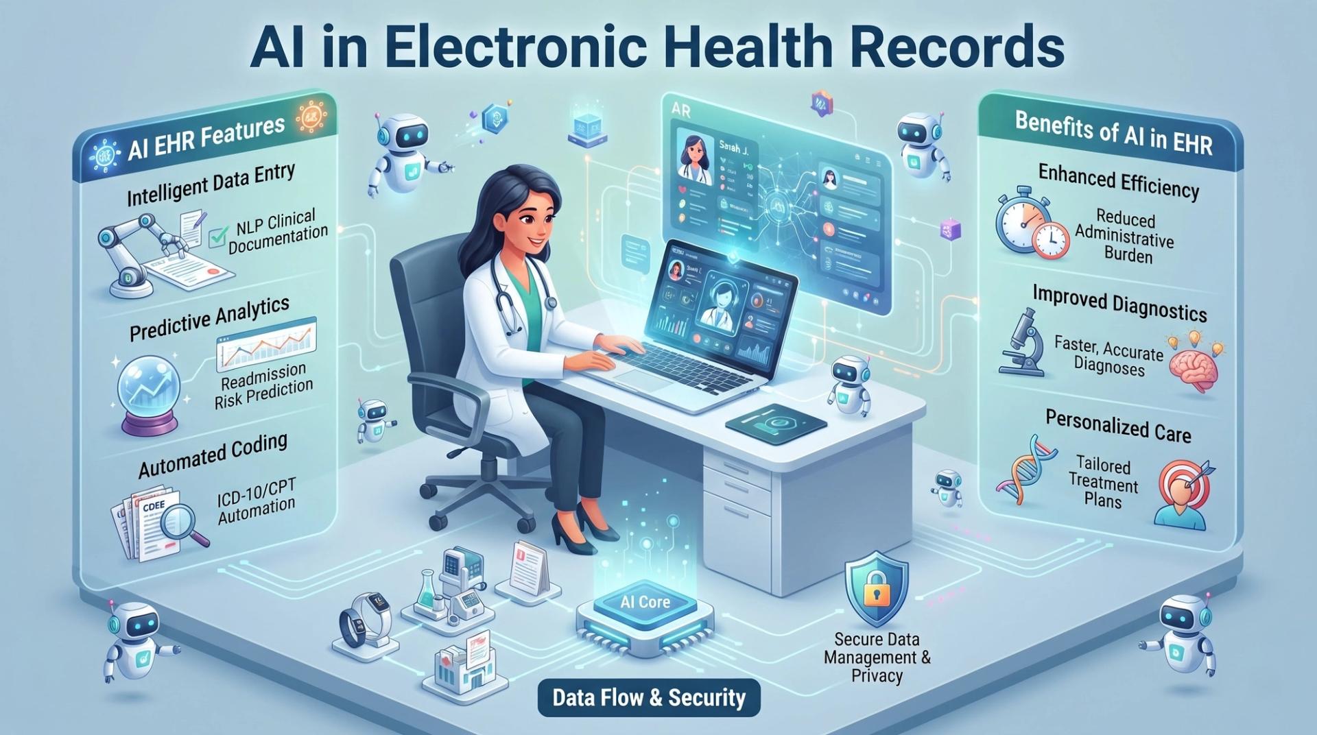 Doctor using a laptop with an AI-powered electronic health record management system