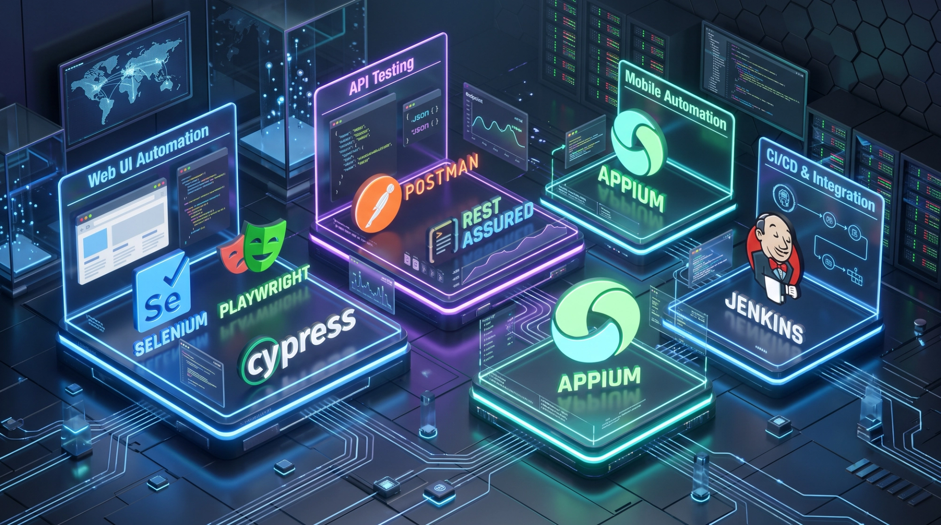 Regression testing automation tools grouped by purpose including Selenium, Playwright, Cypress, Postman, Rest Assured, Appium and Jenkins