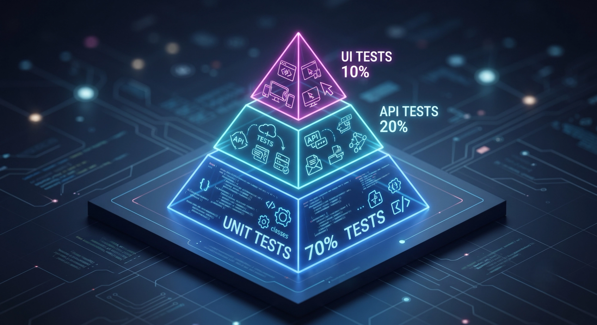 Test automation pyramid diagram with 70 percent unit tests at the base, 20 percent API tests in the middle and 10 percent UI tests at the top