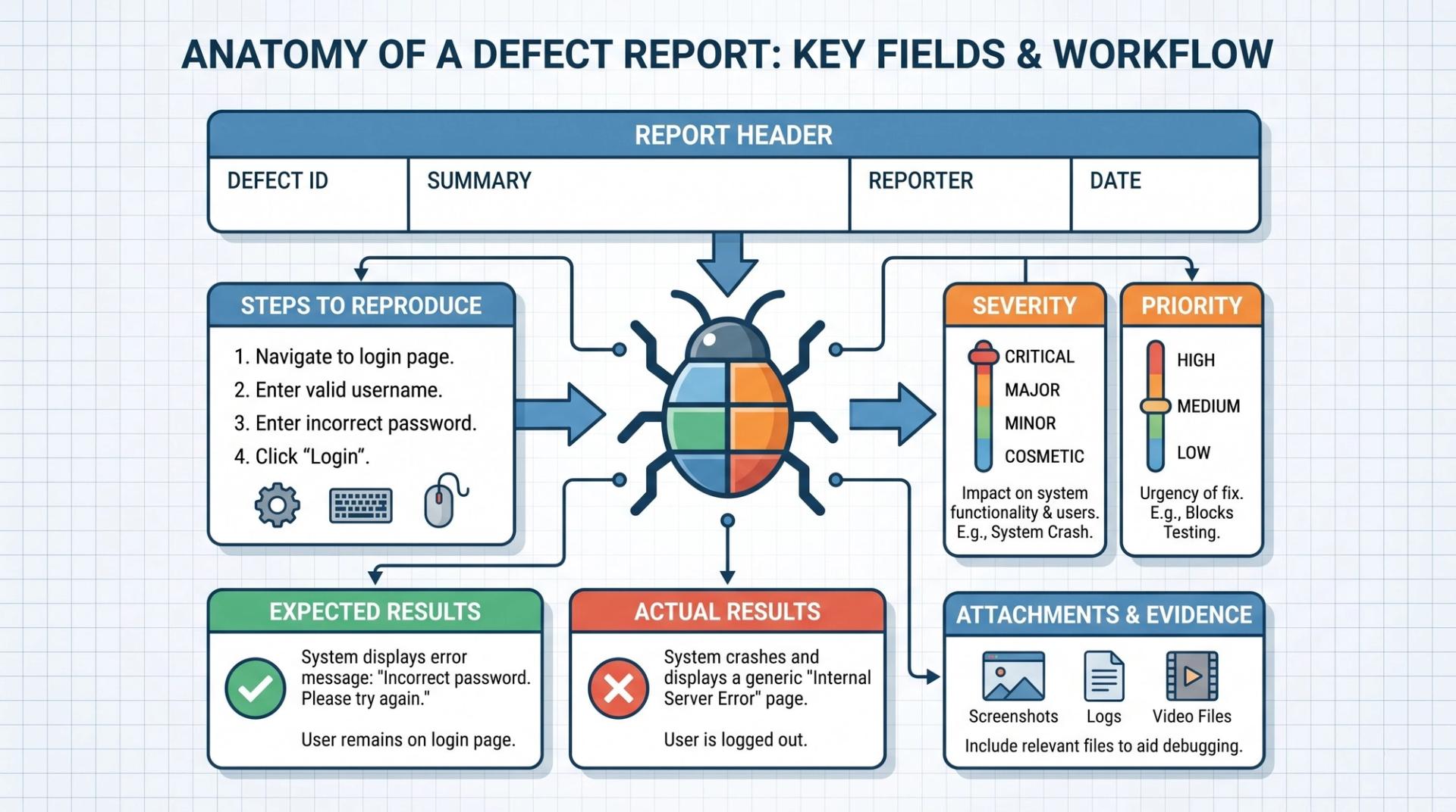 Template graphic showing the key fields of a good defect report including steps to reproduce, expected and actual results, severity, and priority