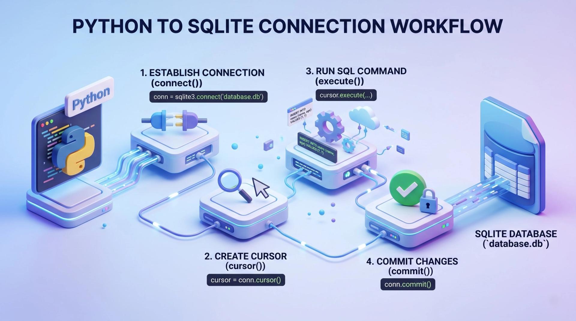 How Python connects to a SQLite database – workflow diagram showing connect(), cursor(), execute(), and commit()