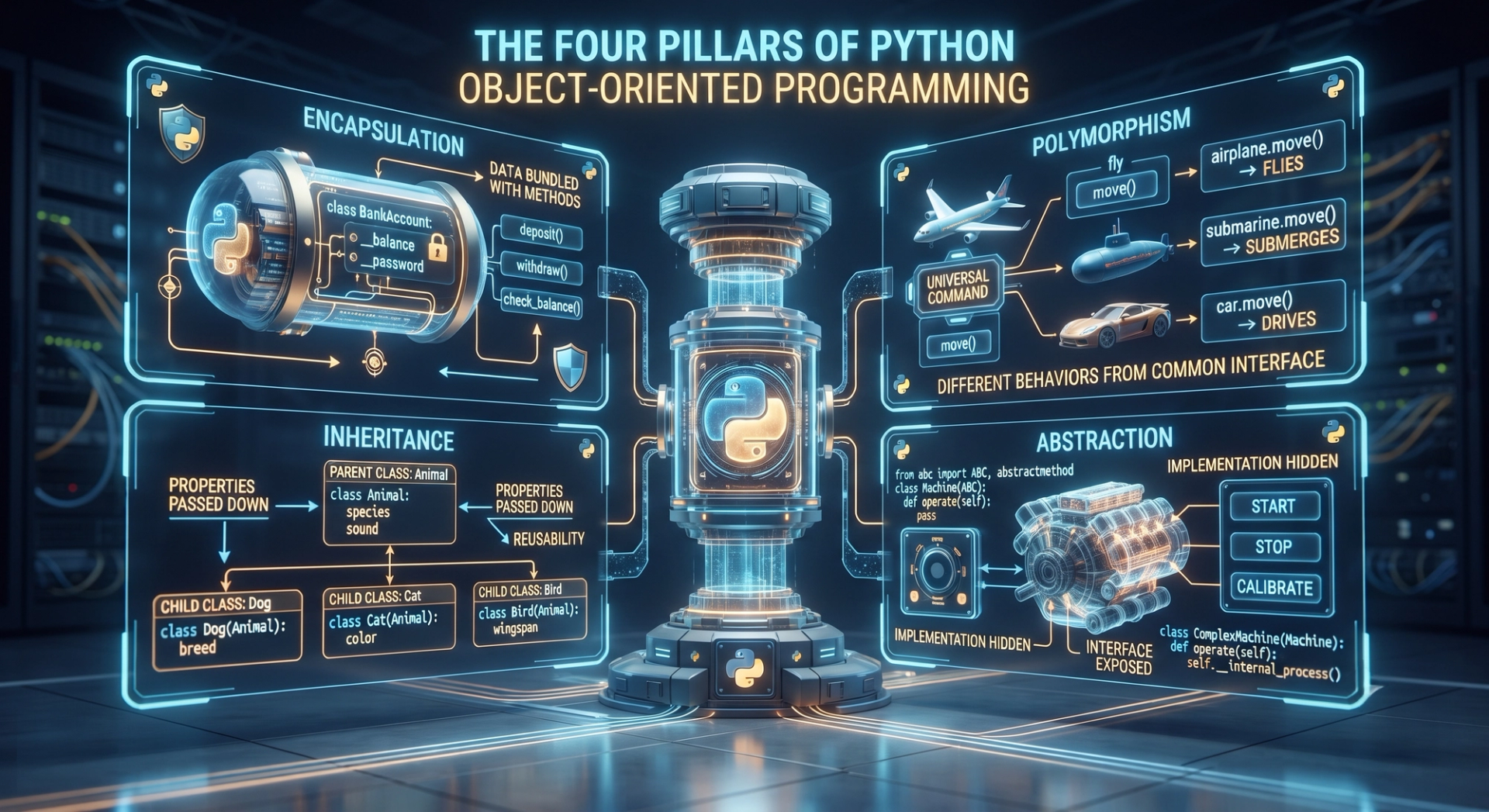 Diagram illustrating the four pillars of object-oriented programming in Python: encapsulation, inheritance, polymorphism, and abstraction
