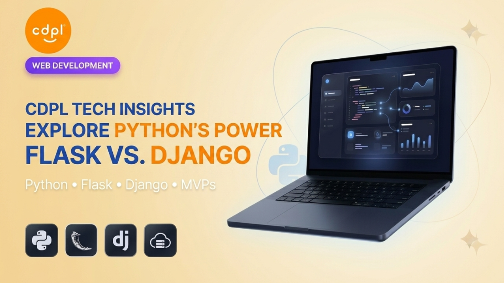 CDPL Tech Insights banner comparing Python's Flask vs Django frameworks next to an open laptop showing a code dashboard.