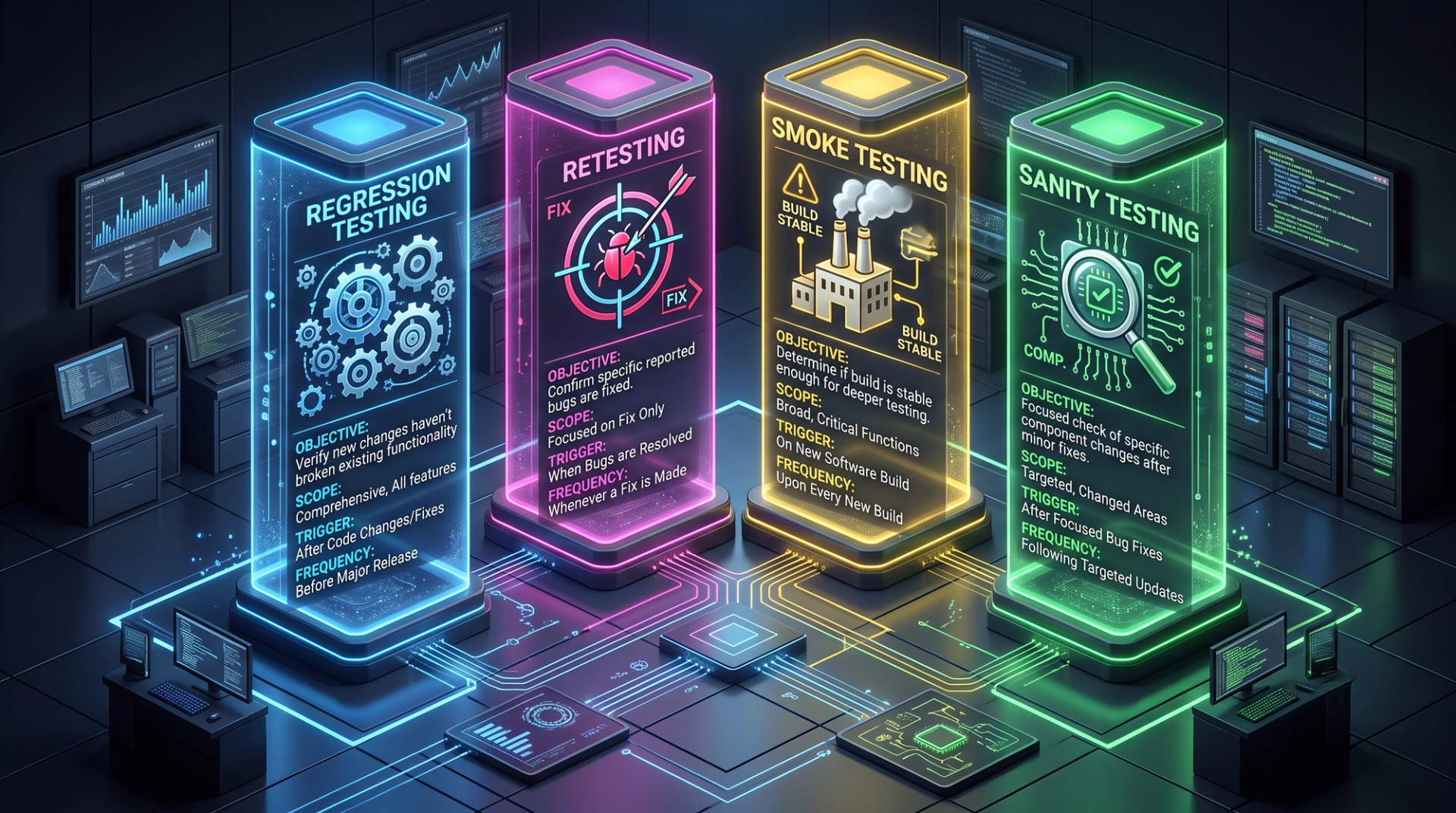 Comparison chart of regression testing, retesting, smoke testing and sanity testing showing what each type checks