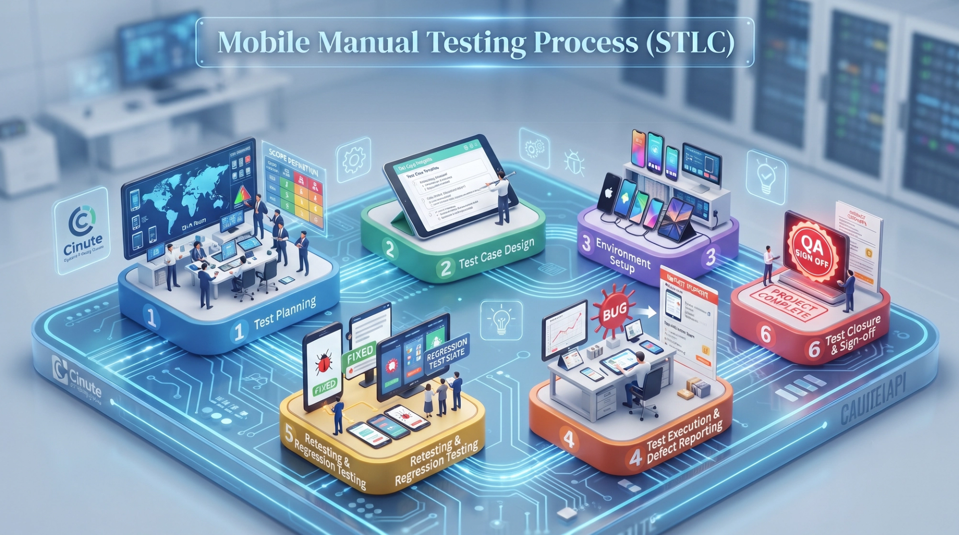 Six-step flow diagram of the mobile manual testing process from test planning to retest and closure