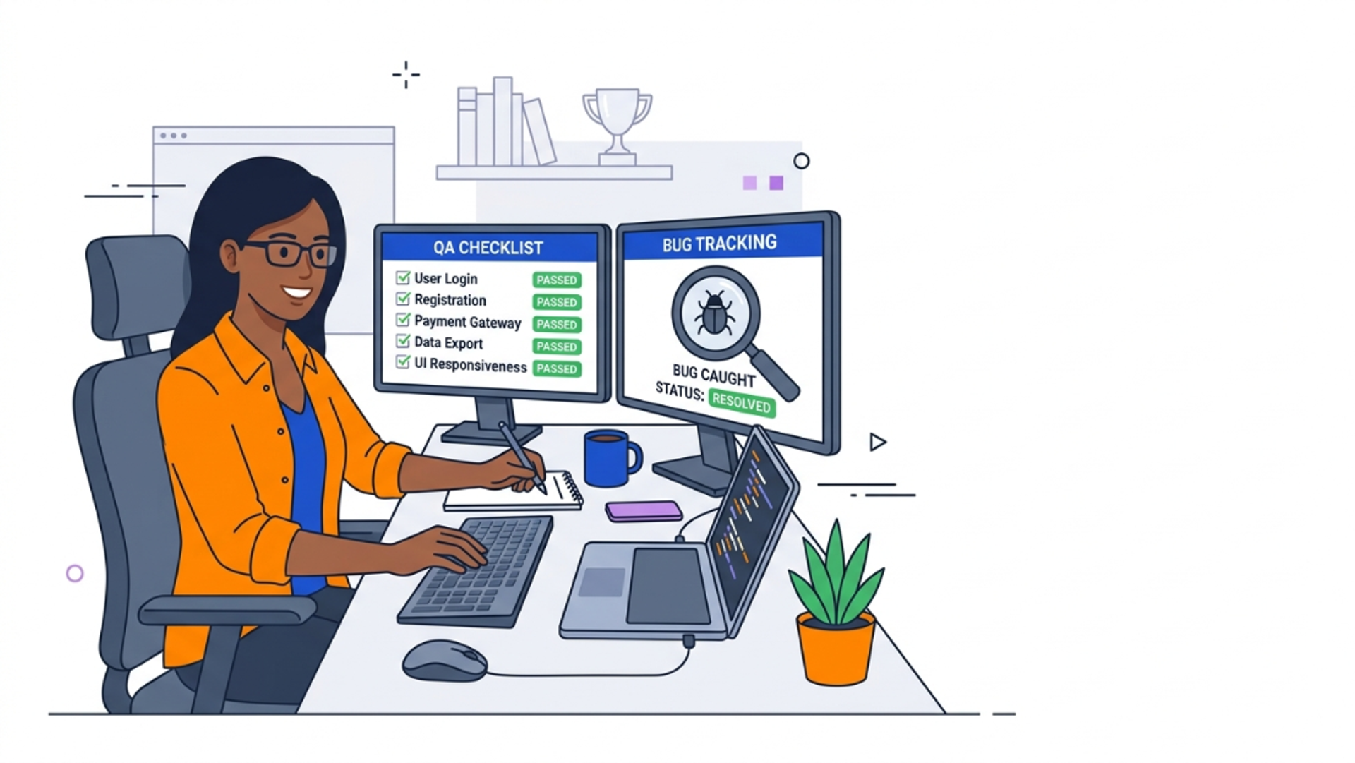 Illustration of a QA engineer managing a validation checklist and a resolved bug tracking dashboard.
