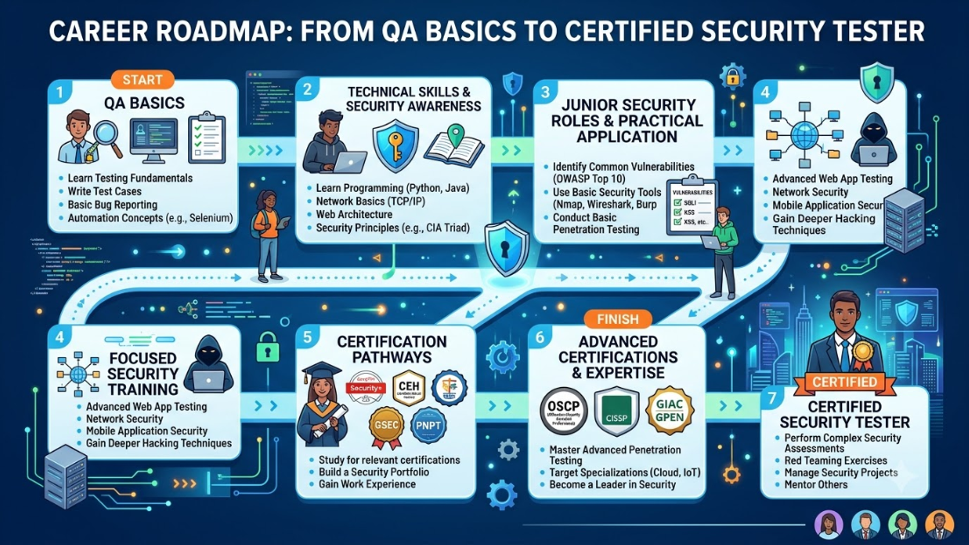Career roadmap for students becoming a security tester, from QA basics to certification