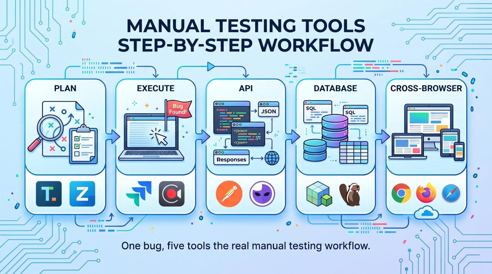 Five-step manual testing workflow showing tools used at each stage