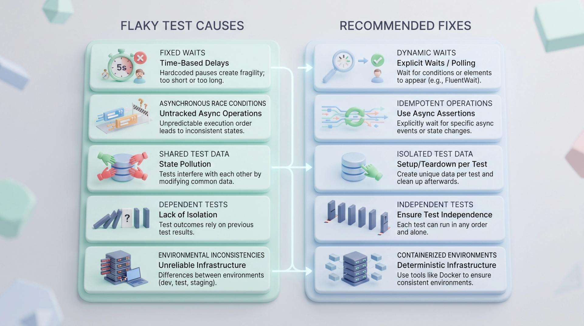 Diagram showing common causes of flaky automated tests such as fixed waits and shared test data alongside their recommended fixes