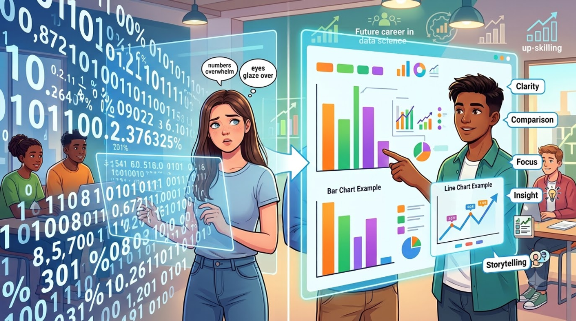 data visualization principles for beginners - bar and line chart examples